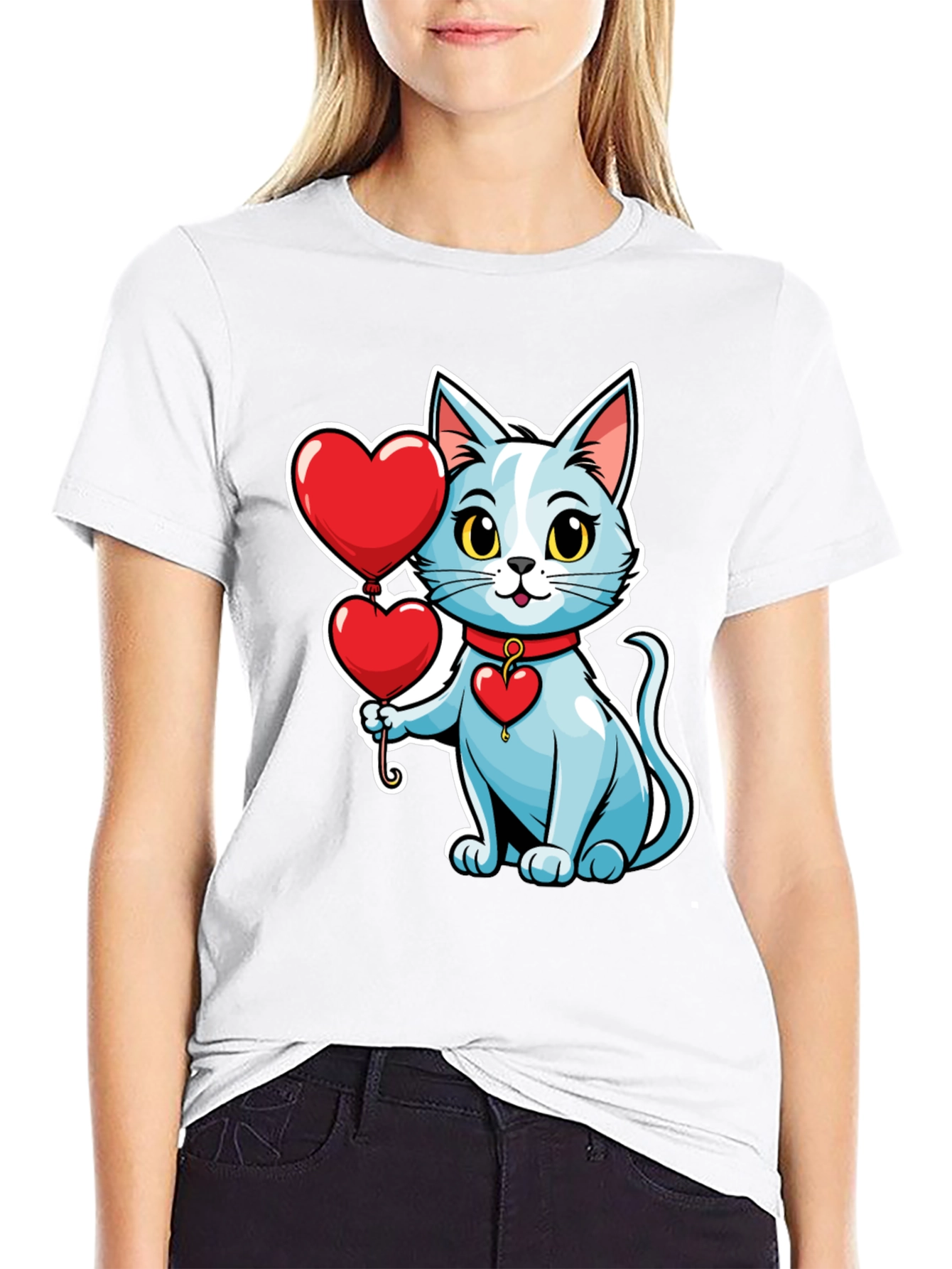 Cute Cat with Heart Balloons Black T-Shirt