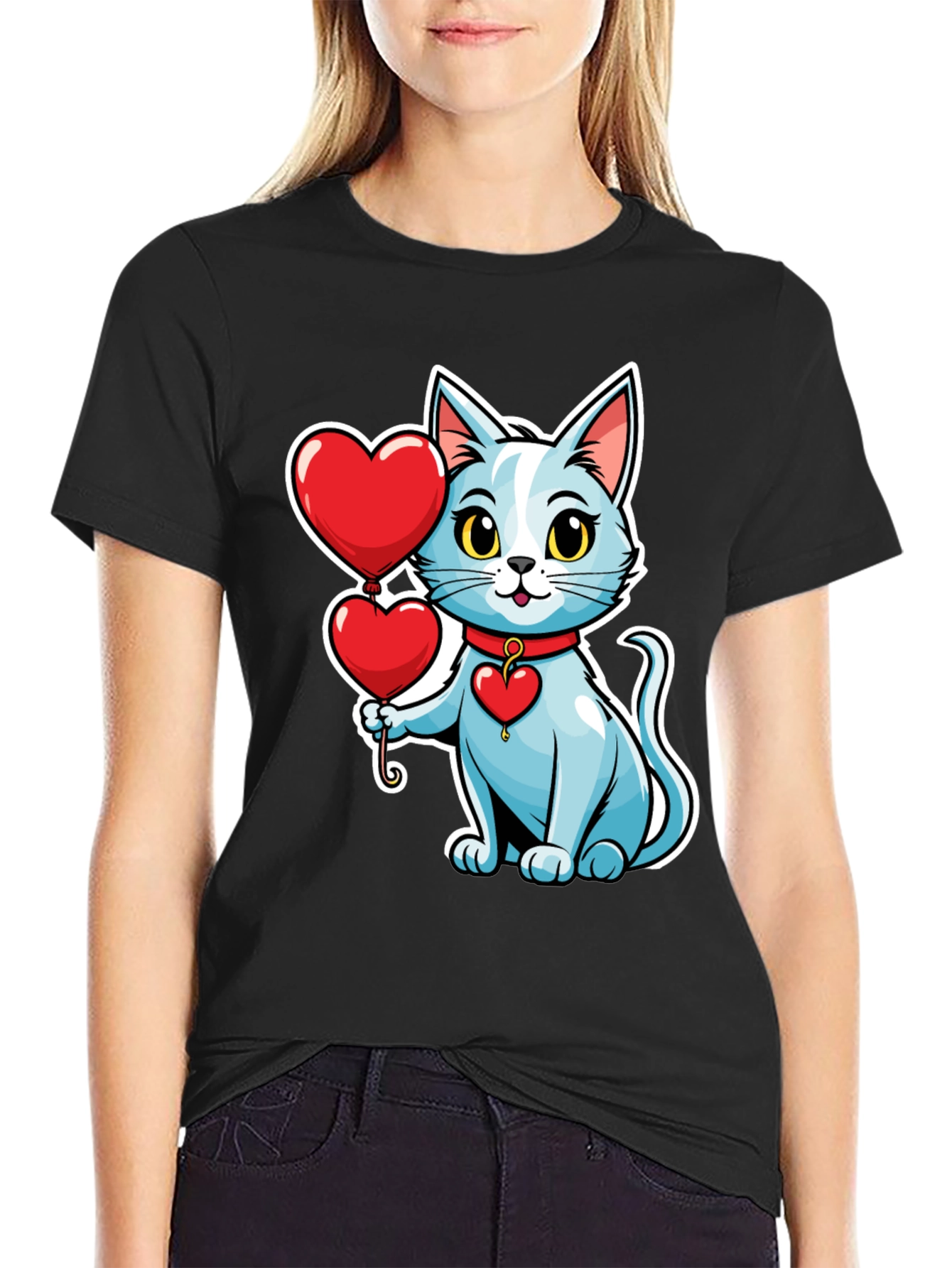 Cute Cat with Heart Balloons Black T-Shirt