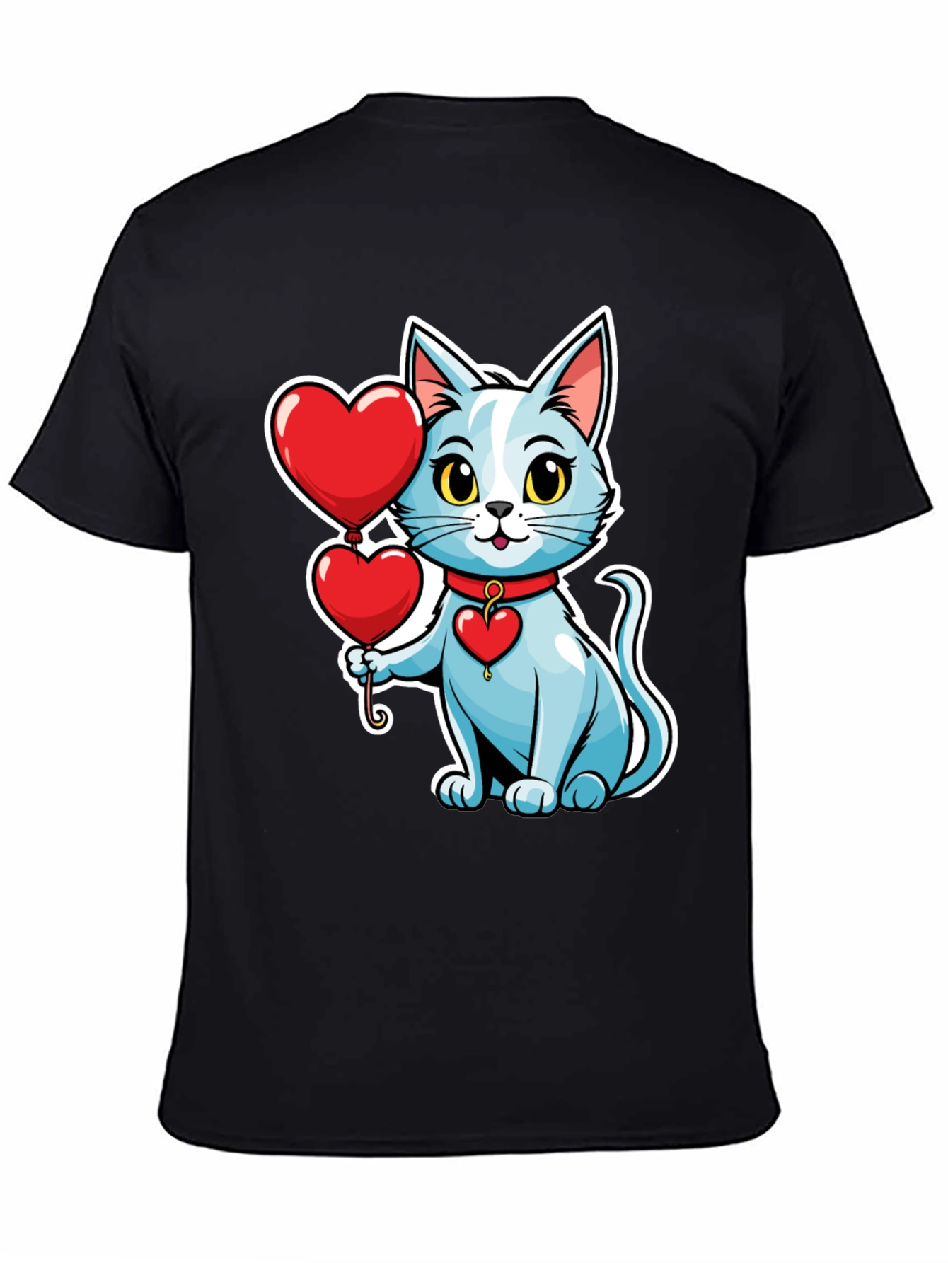 Cute Cat with Heart Balloons Black T-Shirt