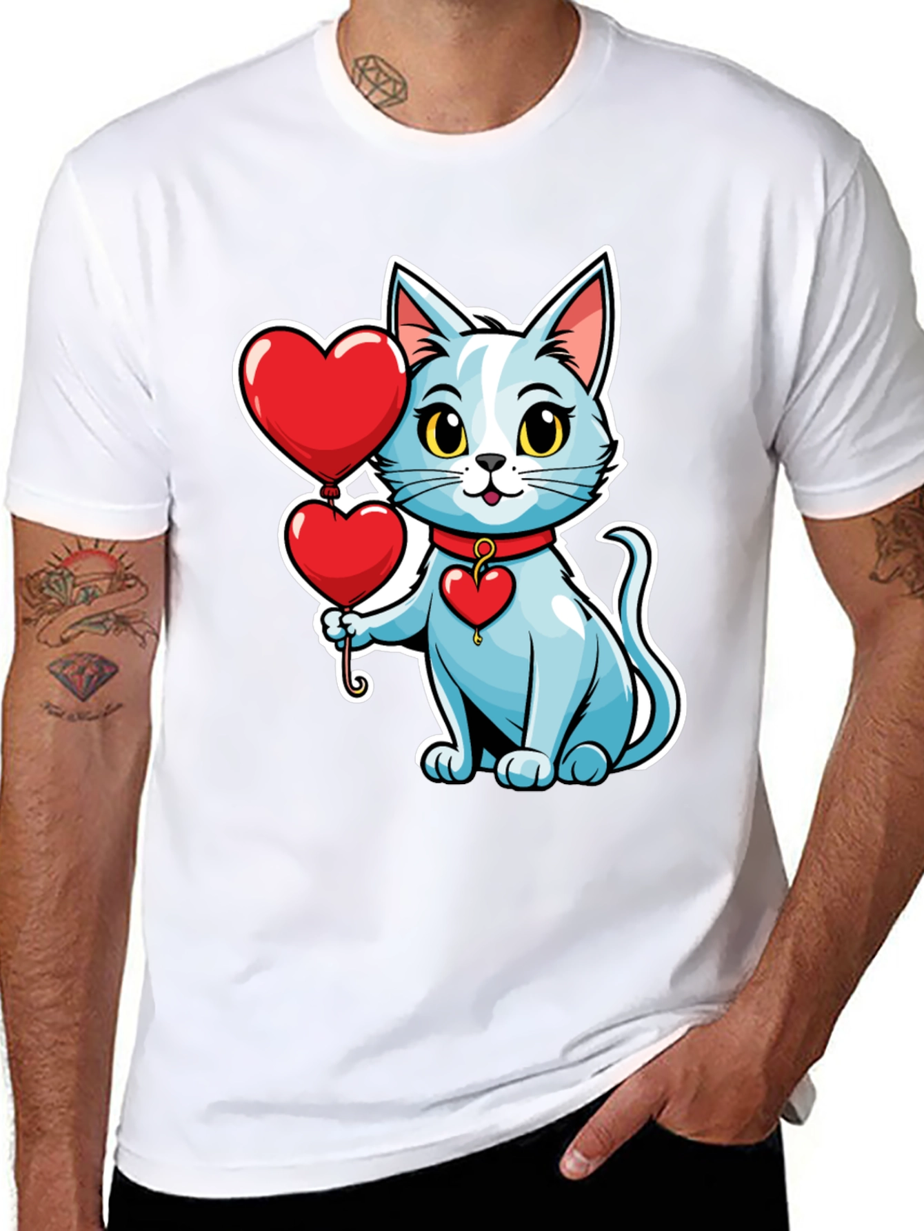 Cute Cat with Heart Balloons Black T-Shirt