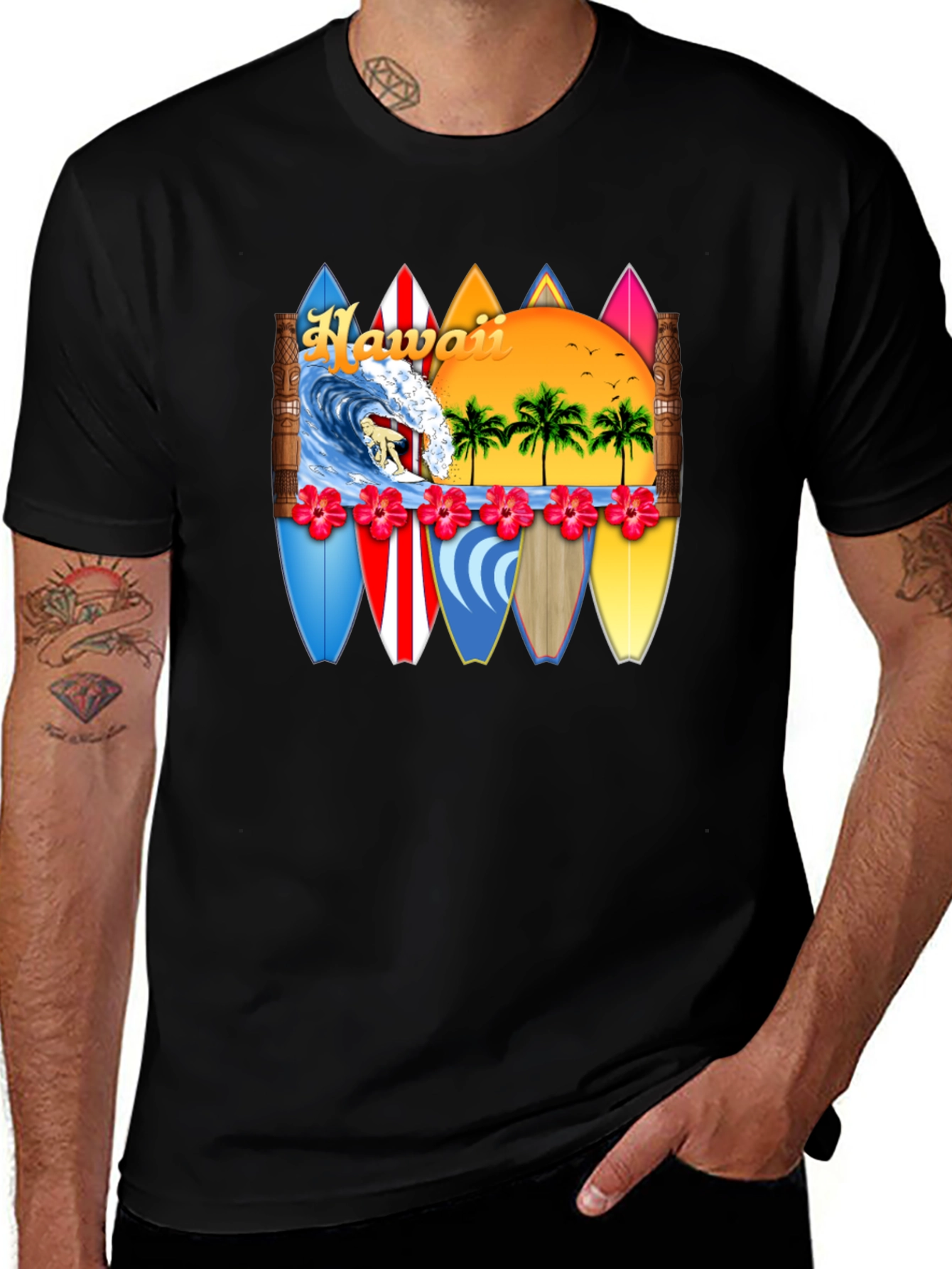 Hawaii Surfboard T-Shirt - Tropical Beach Vacation Tee