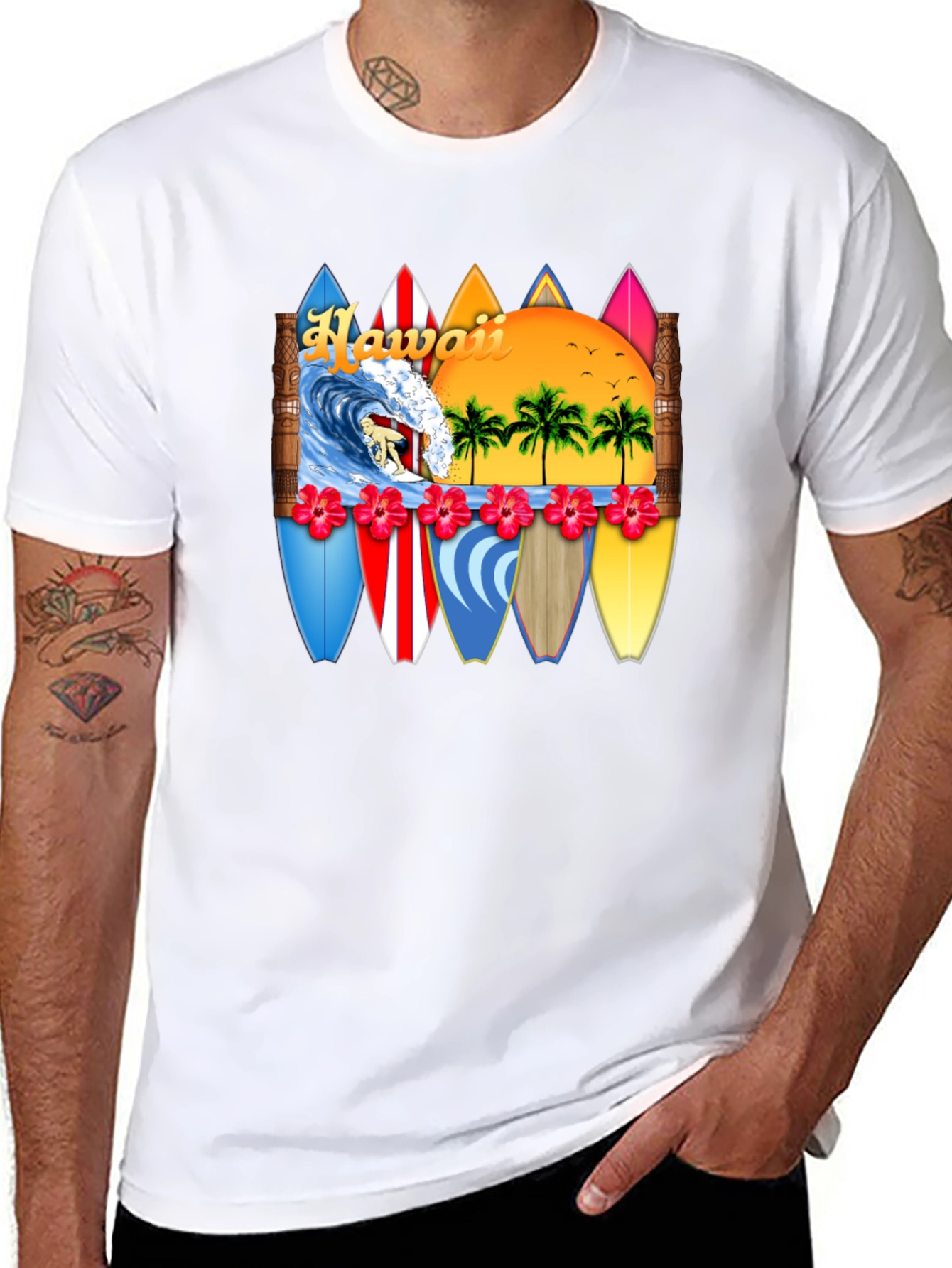 Hawaii Surfboard T-Shirt - Tropical Beach Vacation Tee