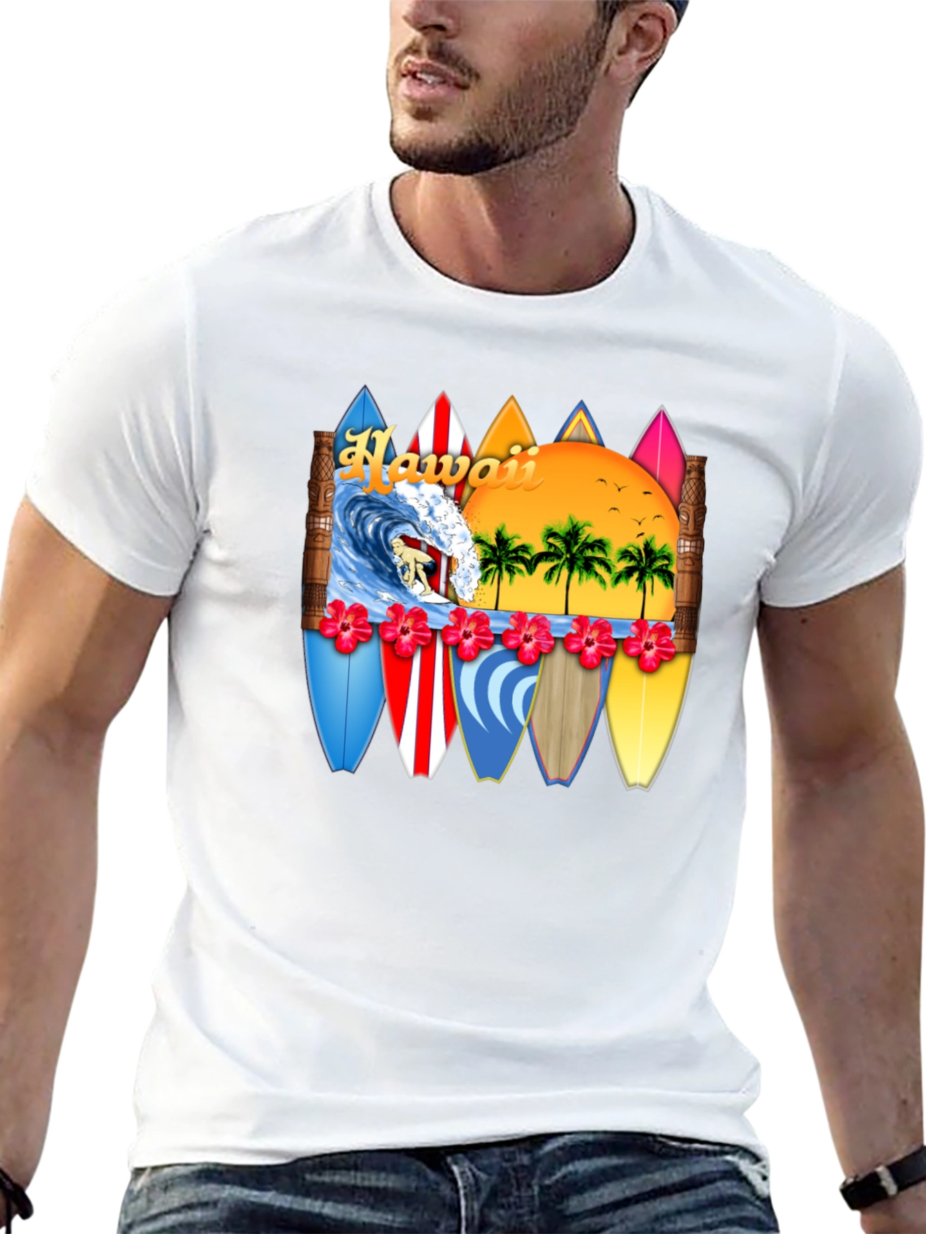 Hawaii Surfboard T-Shirt - Tropical Beach Vacation Tee