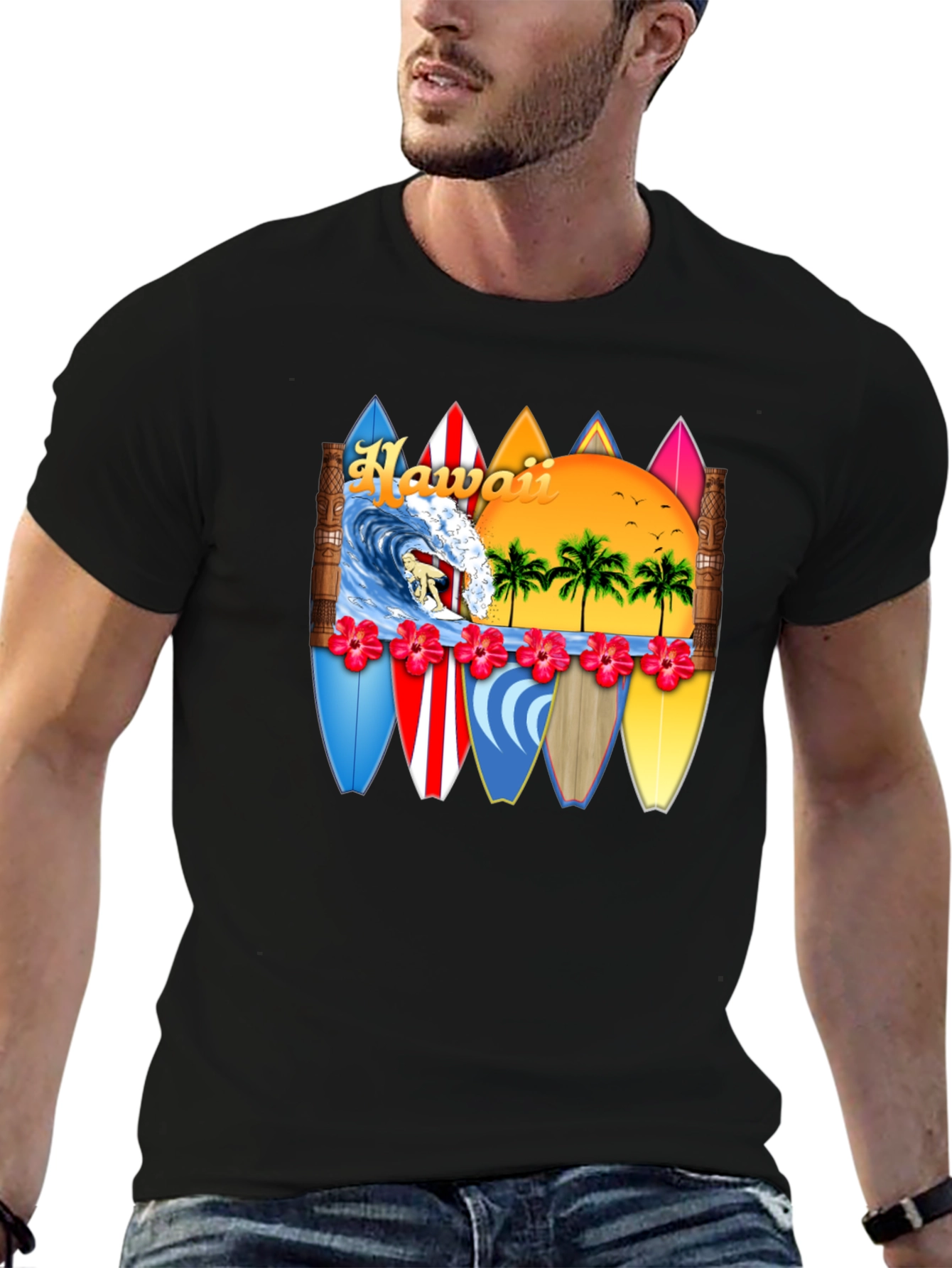 Hawaii Surfboard T-Shirt - Tropical Beach Vacation Tee