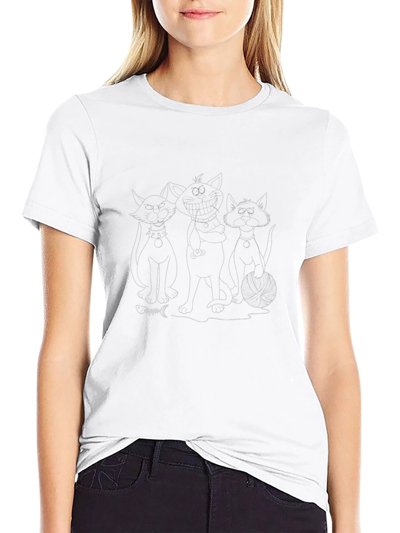 Cartoon Cat Crew Graphic Black T-Shirt