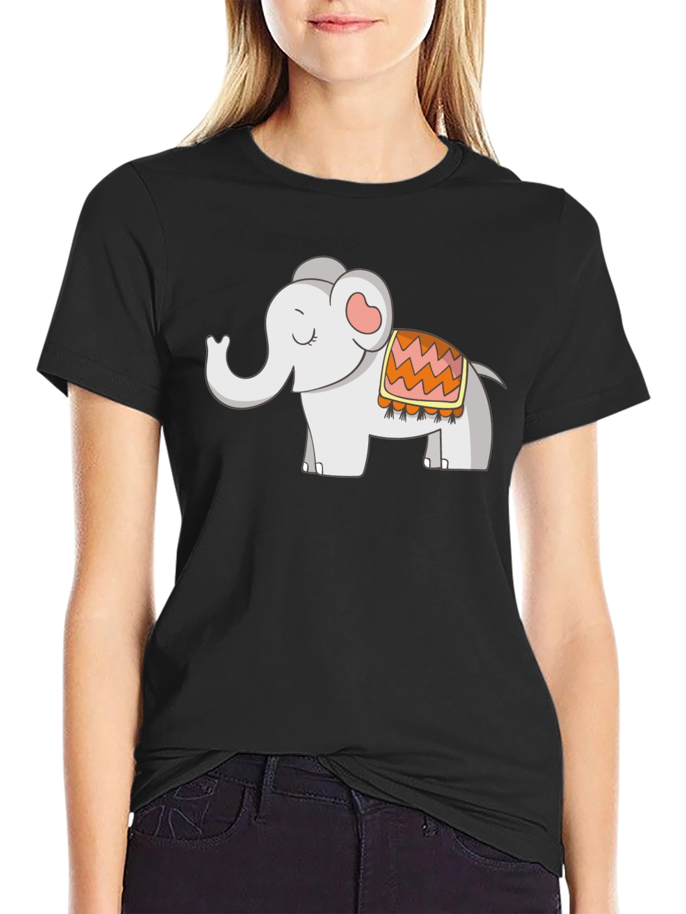 Cute Elephant Graphic Tee - Black Cotton Blend