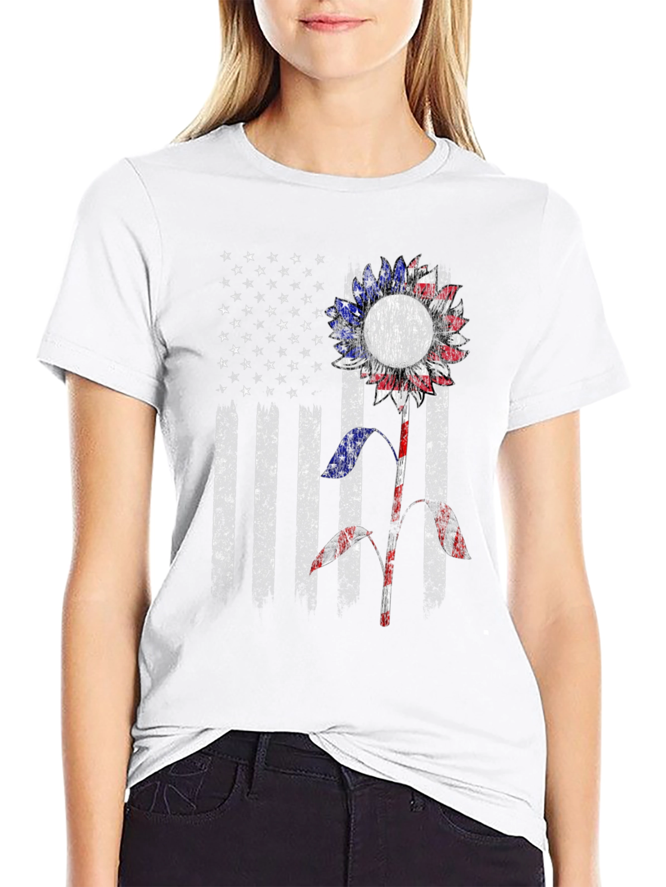 American Flag Sunflower Graphic T-Shirt