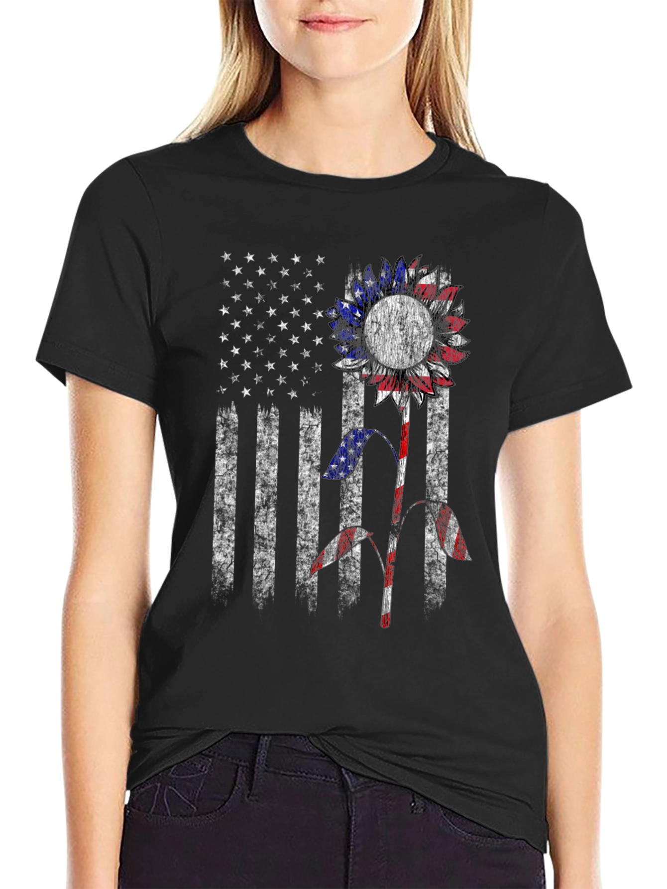 American Flag Sunflower Graphic T-Shirt