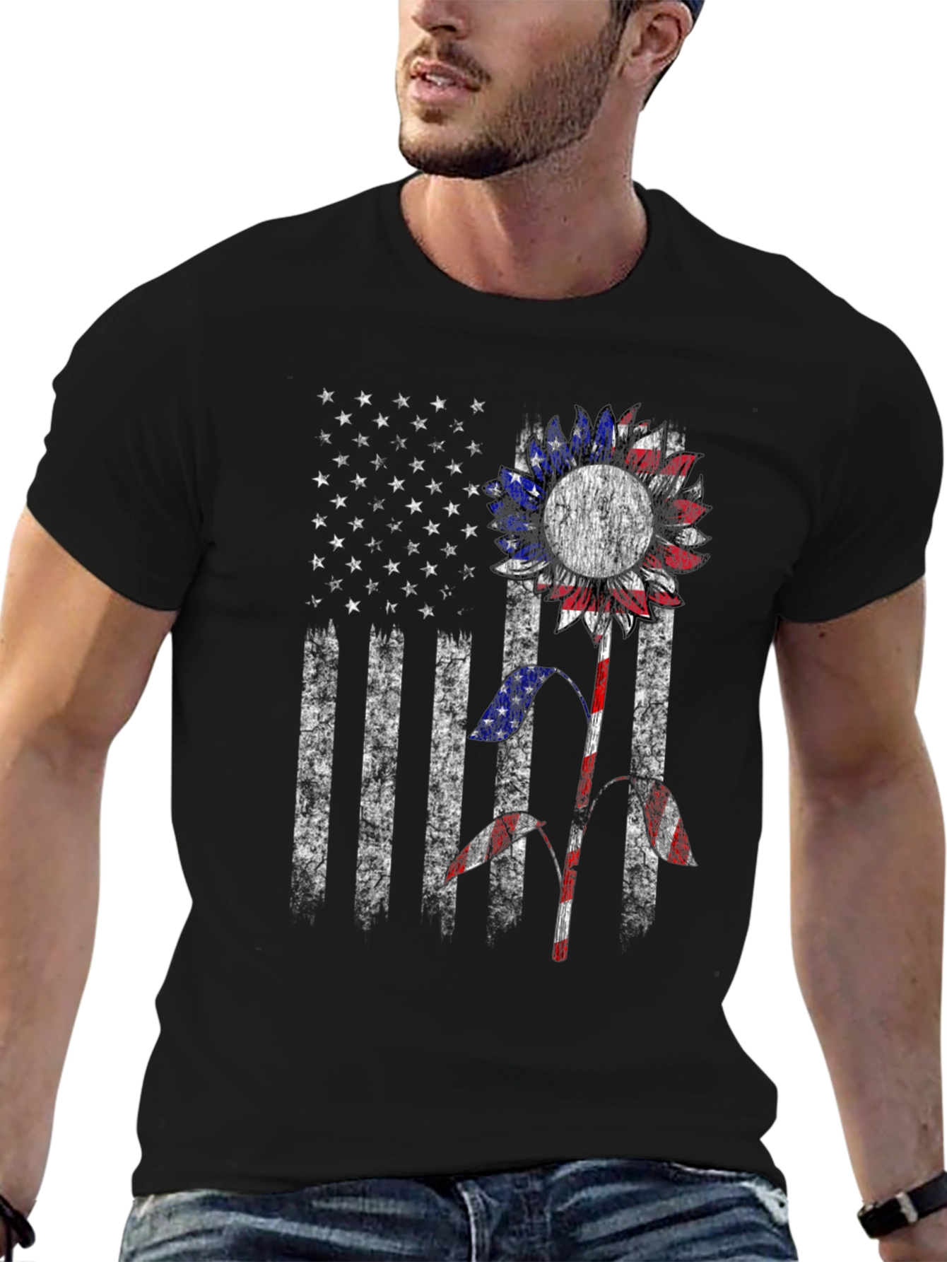 American Flag Sunflower Graphic T-Shirt