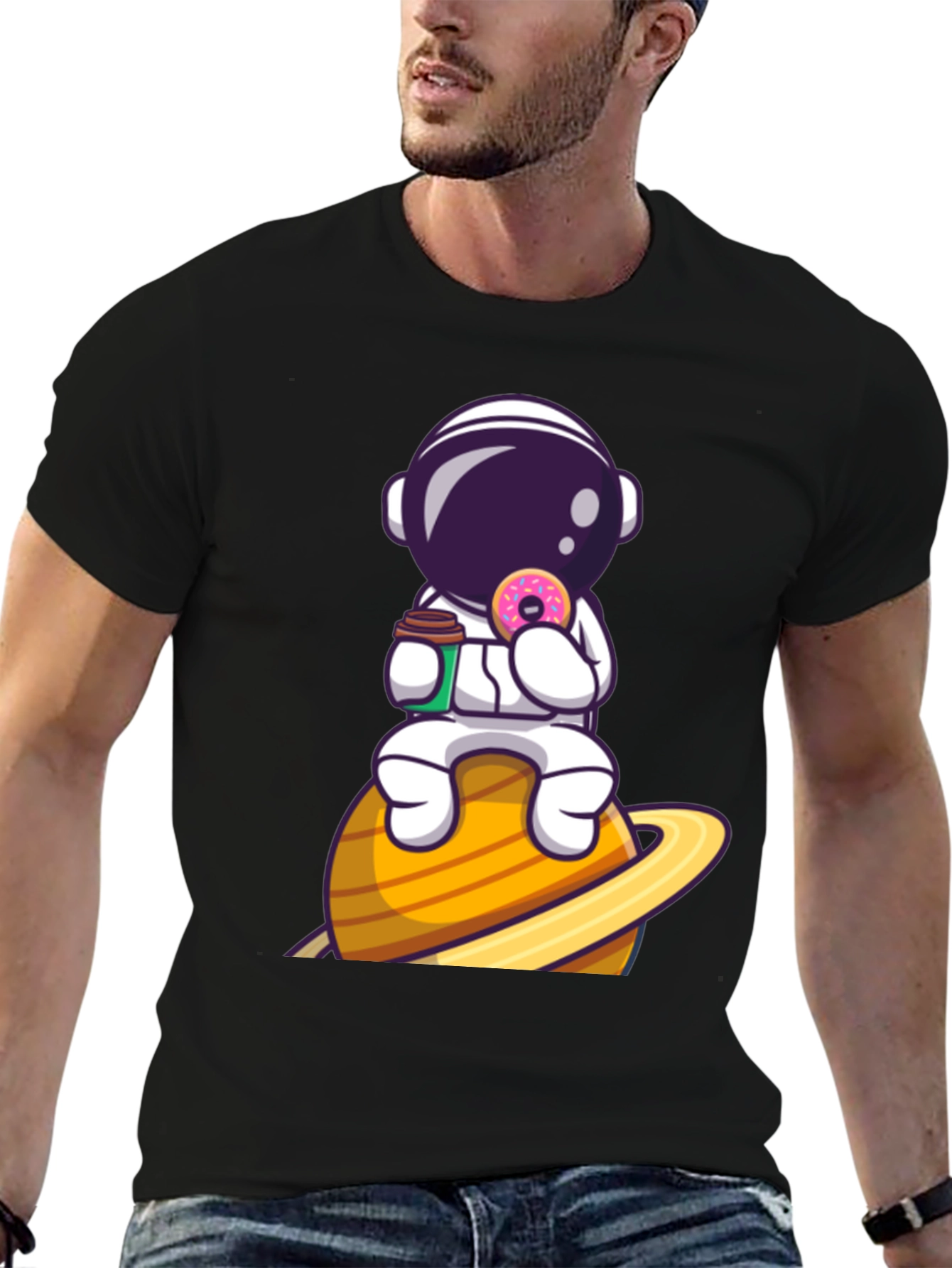 Astronaut on Saturn Black Graphic T-Shirt