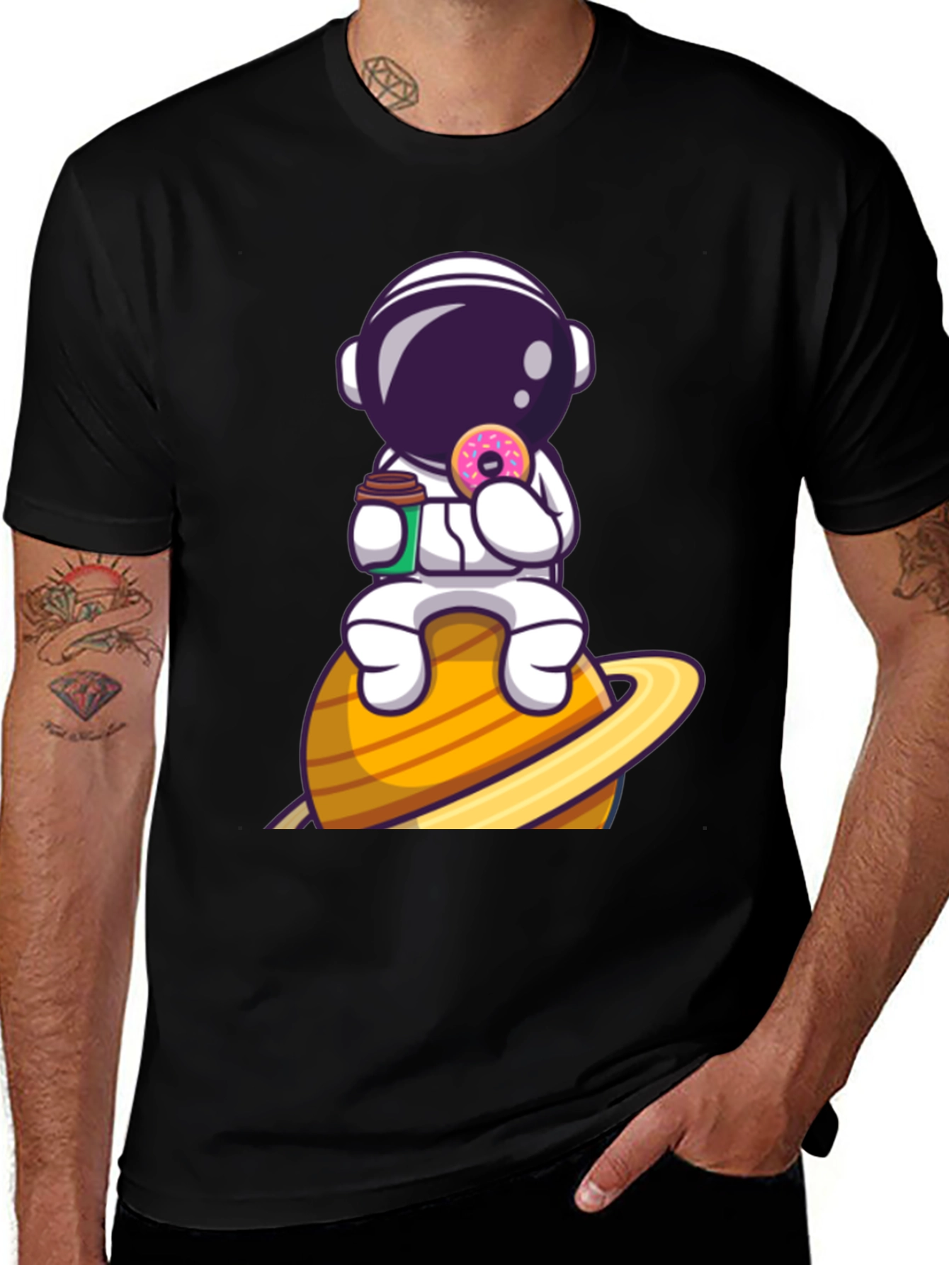 Astronaut on Saturn Black Graphic T-Shirt