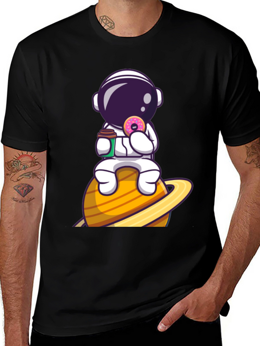 Astronaut on Saturn Black Graphic T-Shirt