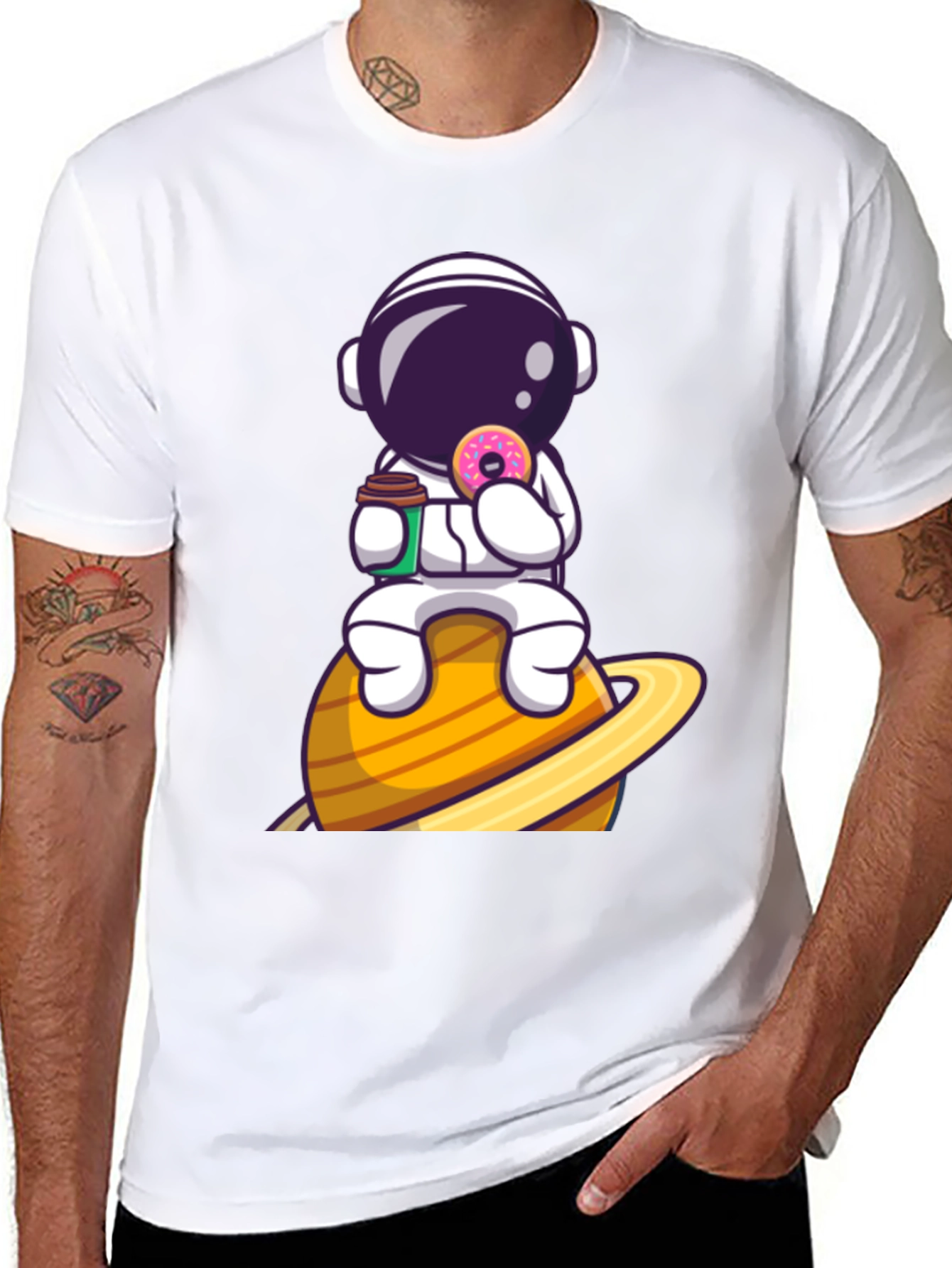 Astronaut on Saturn Black Graphic T-Shirt