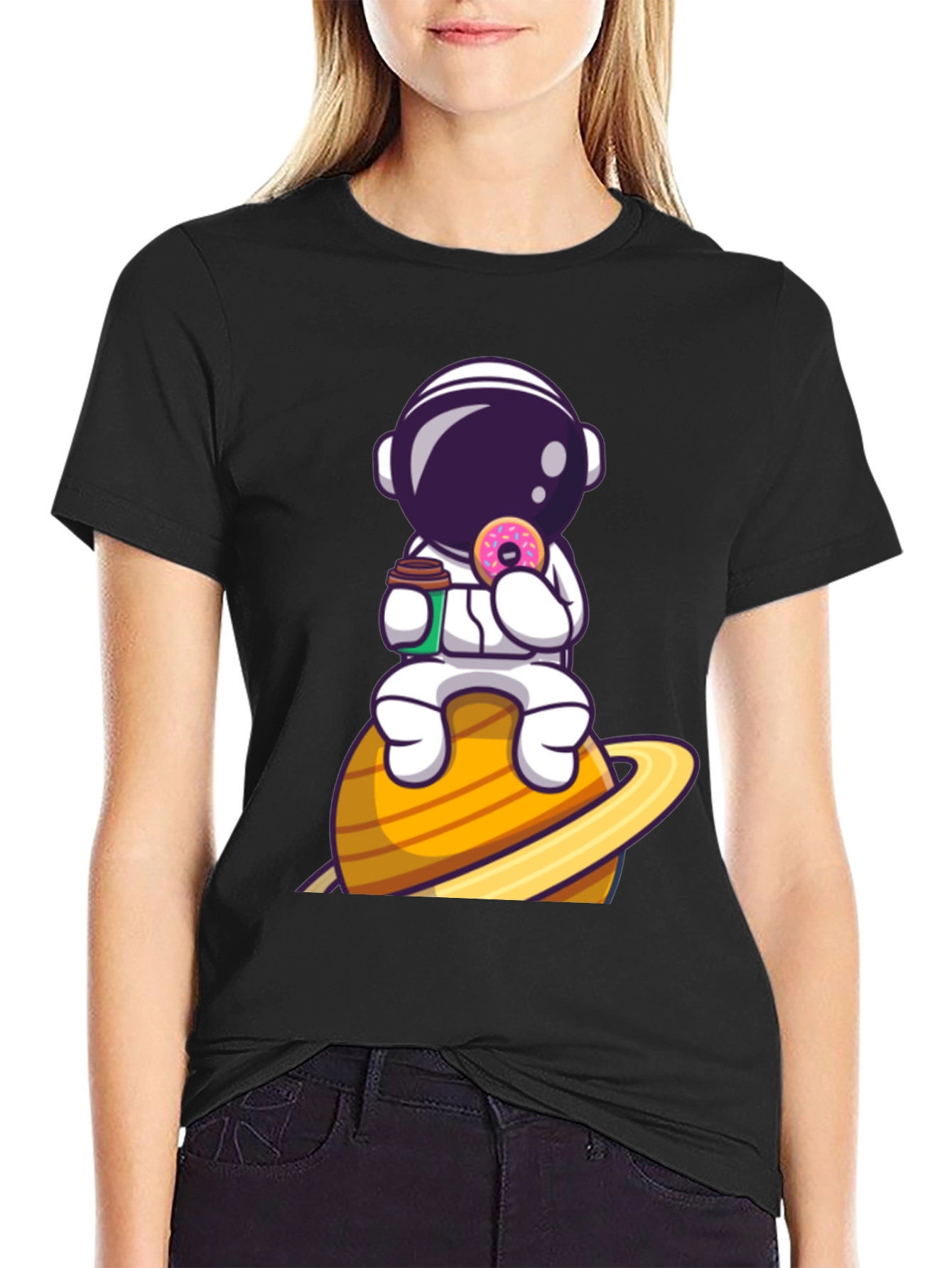 Astronaut on Saturn Black Graphic T-Shirt