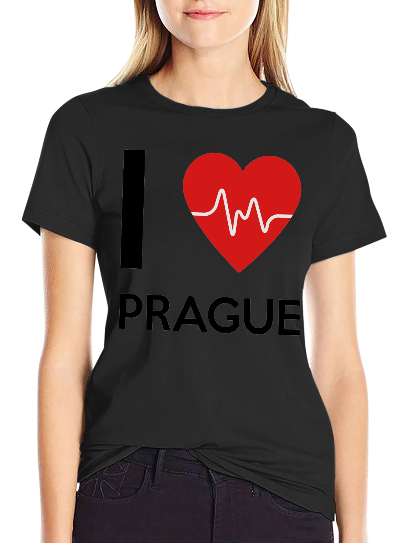 I Love Prague Heartbeat T-Shirt - Black
