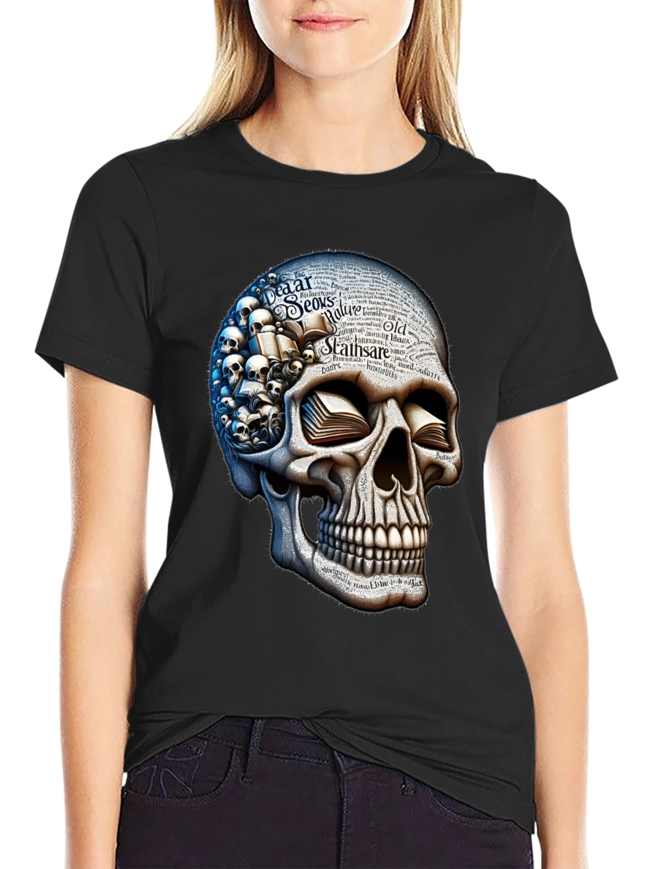 Skull with Books Graphic T-Shirt