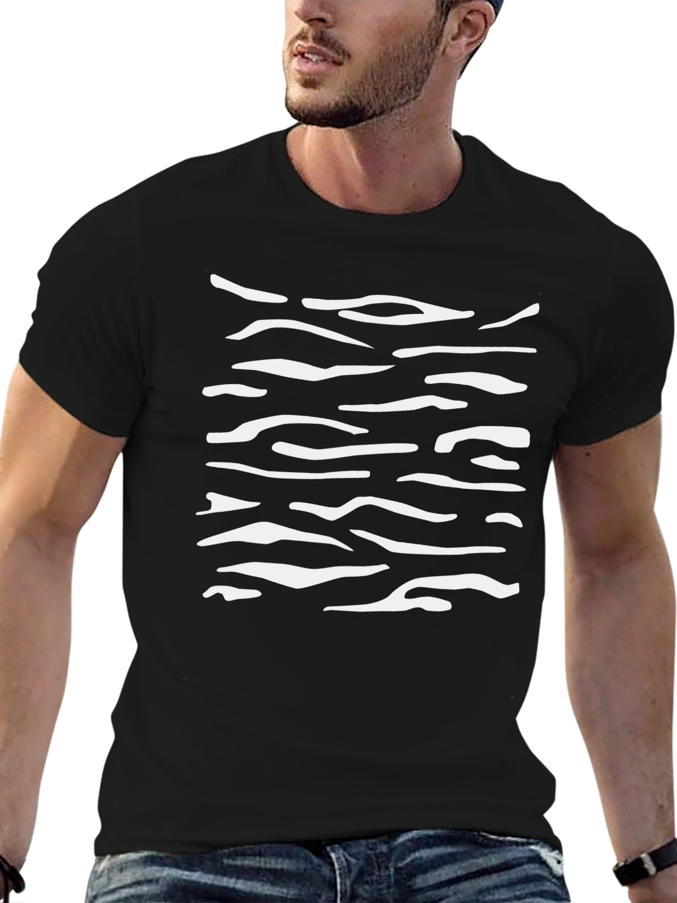 Mens Black T-Shirt with White Abstract Stripes