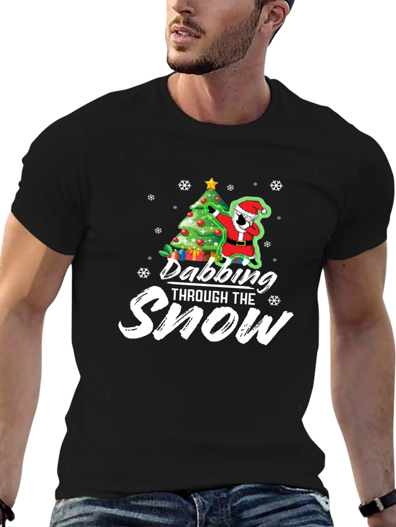Dabbing Santa Christmas Tree Black Graphic Tee