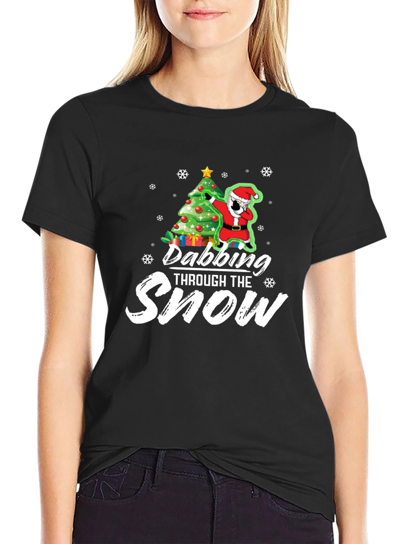 Dabbing Santa Christmas Tree Black Graphic Tee