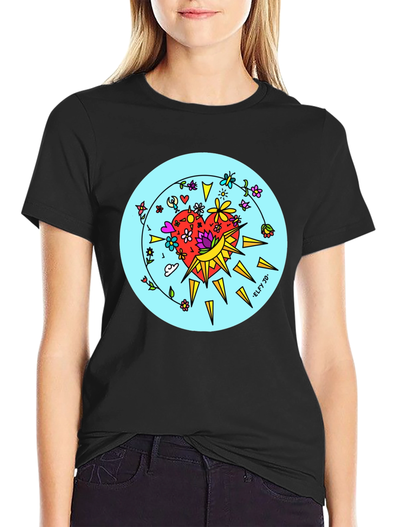Floral Heart Graphic Black Tee