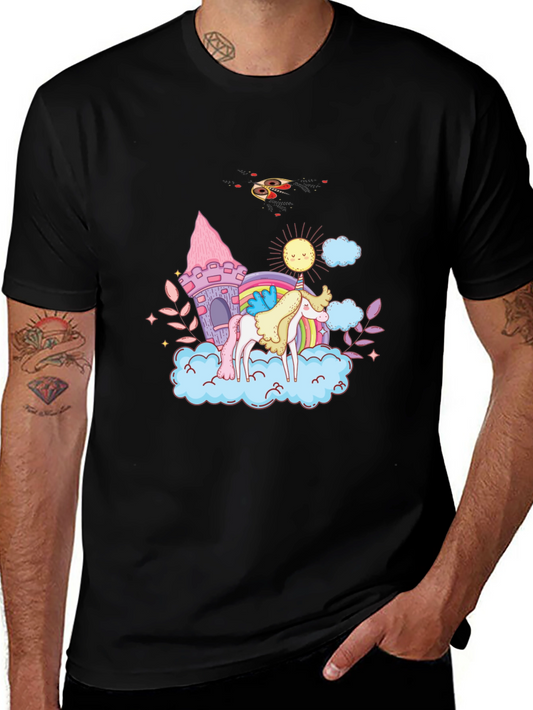 Unicorn Castle Graphic Tee - Black Cotton Shirt