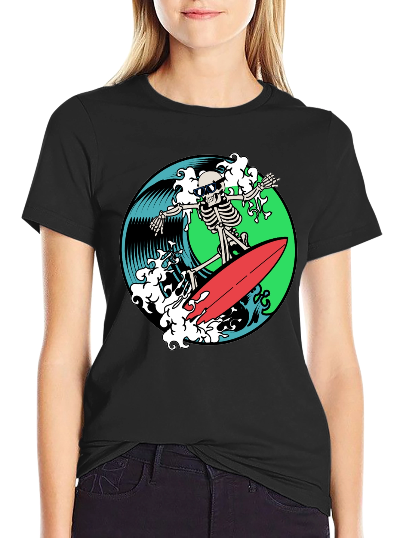 Skeleton Surfer Graphic T-Shirt - Black