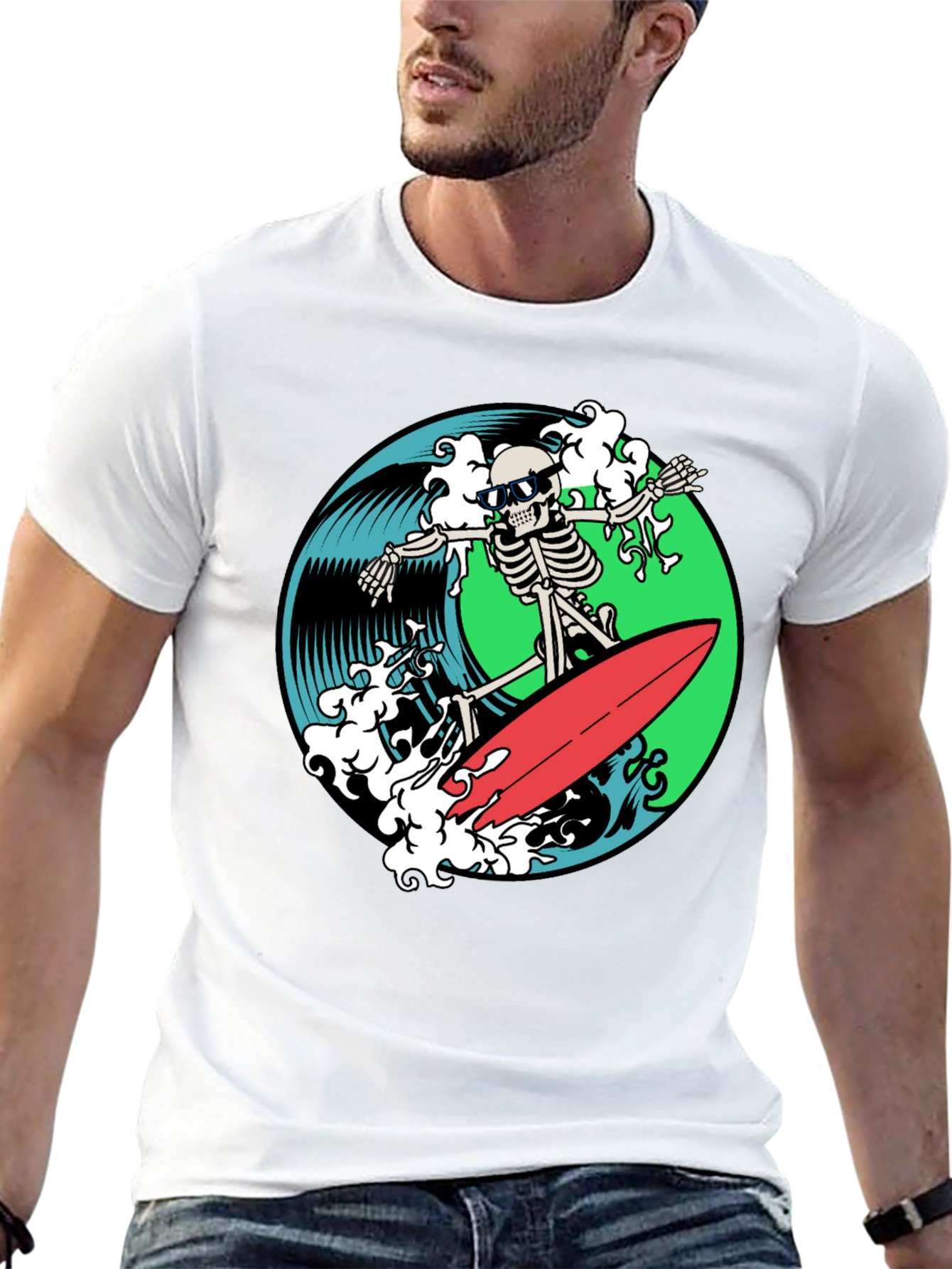 Skeleton Surfer Graphic T-Shirt - Black