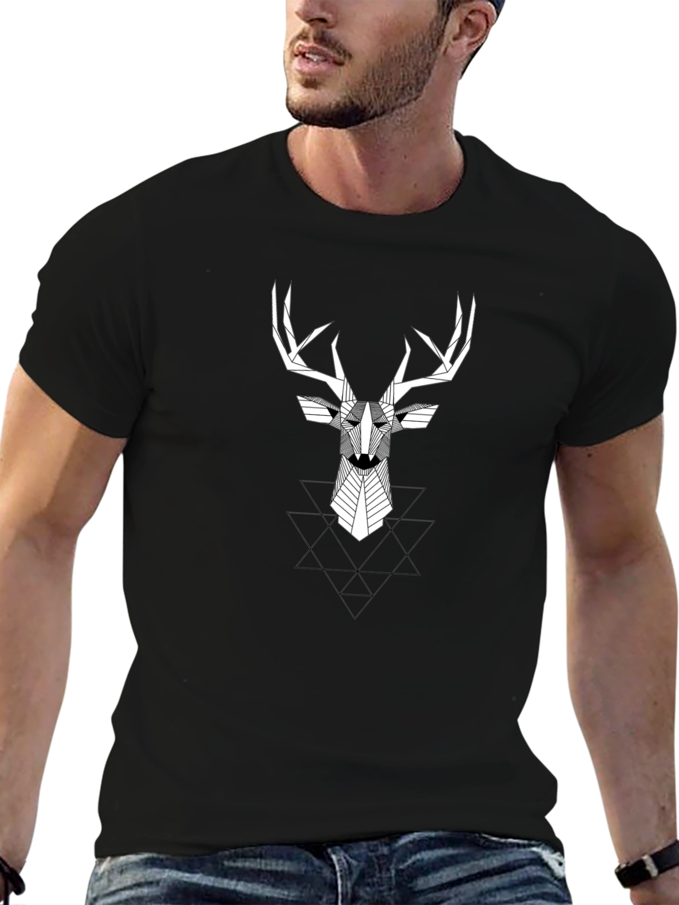 Geometric Deer Head Graphic Tee - Black