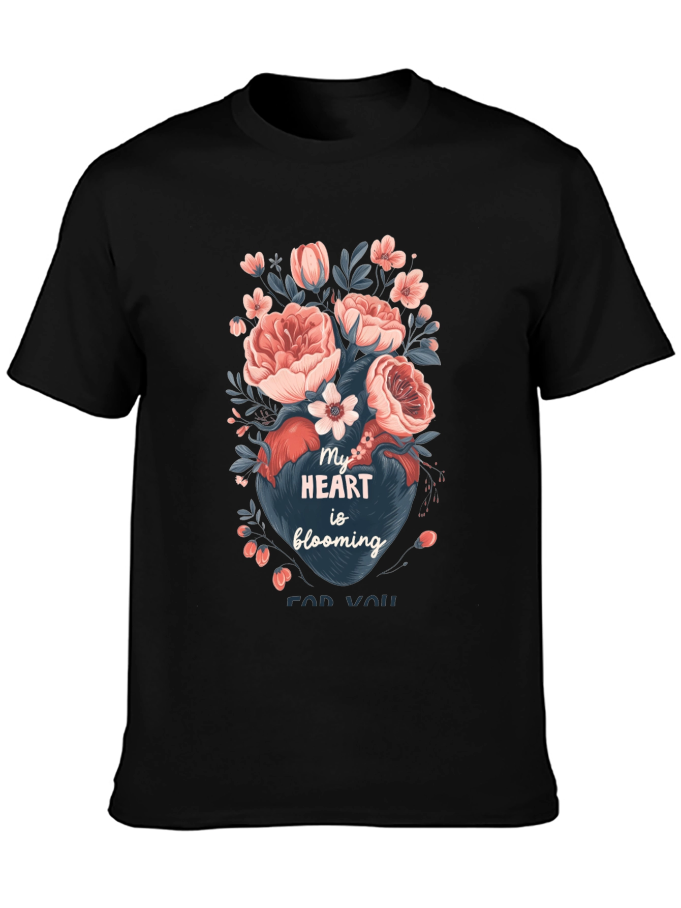 Floral Heart Blooming Graphic Tee - Black Cotton