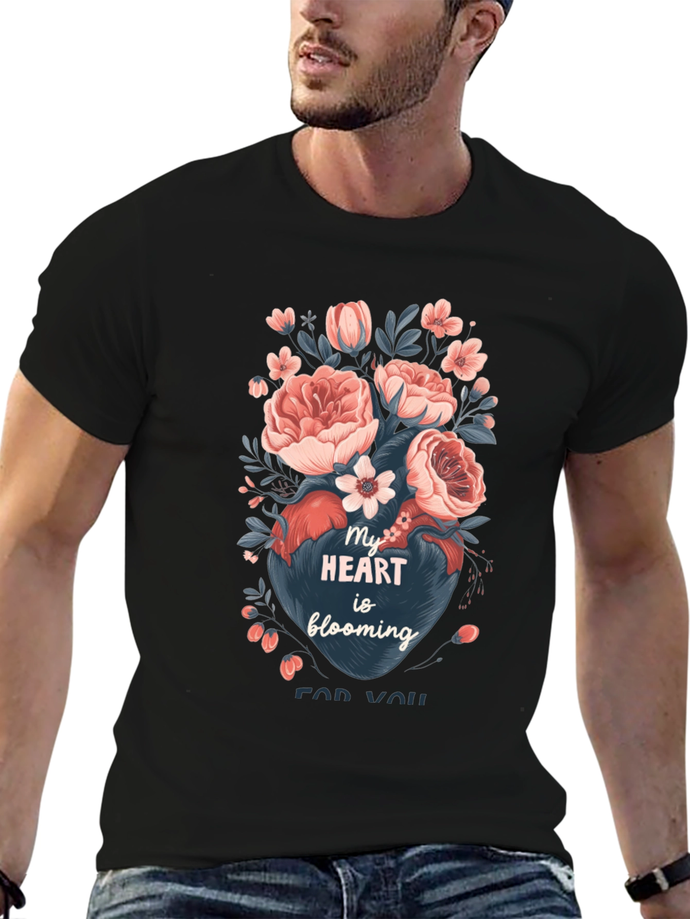 Floral Heart Blooming Graphic Tee - Black Cotton
