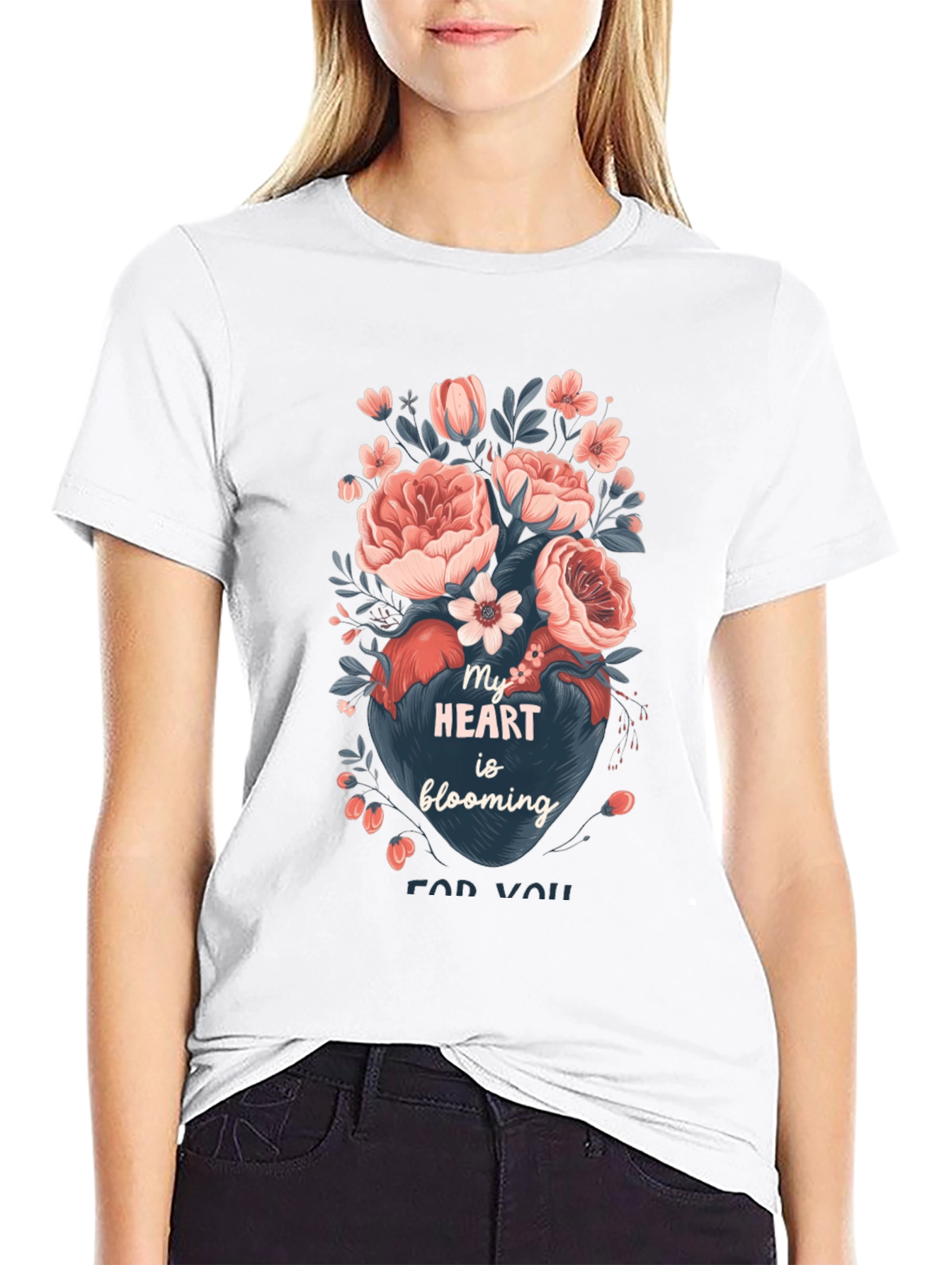 Floral Heart Blooming Graphic Tee - Black Cotton