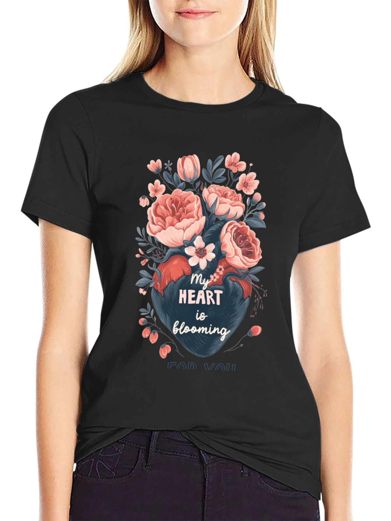 Floral Heart Blooming Graphic Tee - Black Cotton