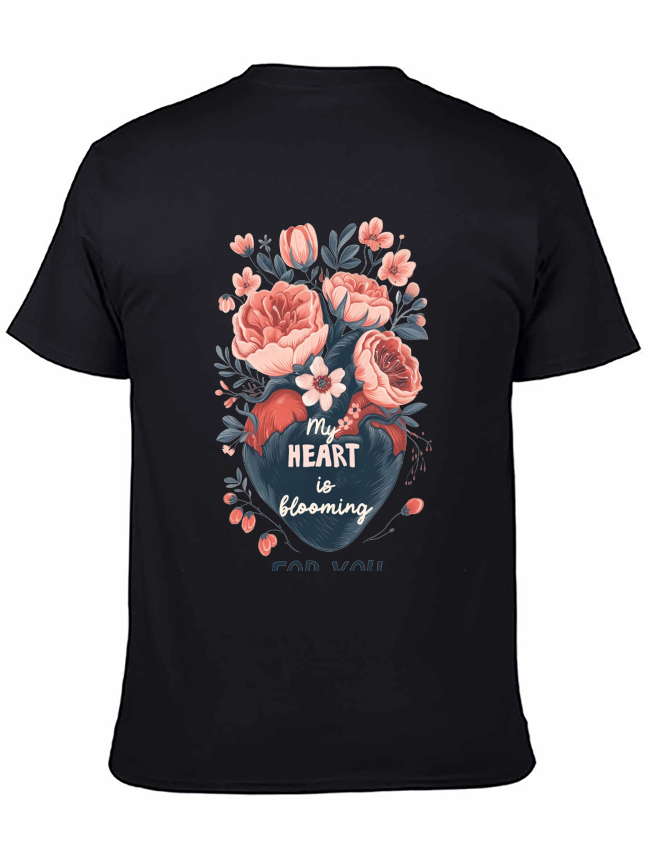 Floral Heart Blooming Graphic Tee - Black Cotton