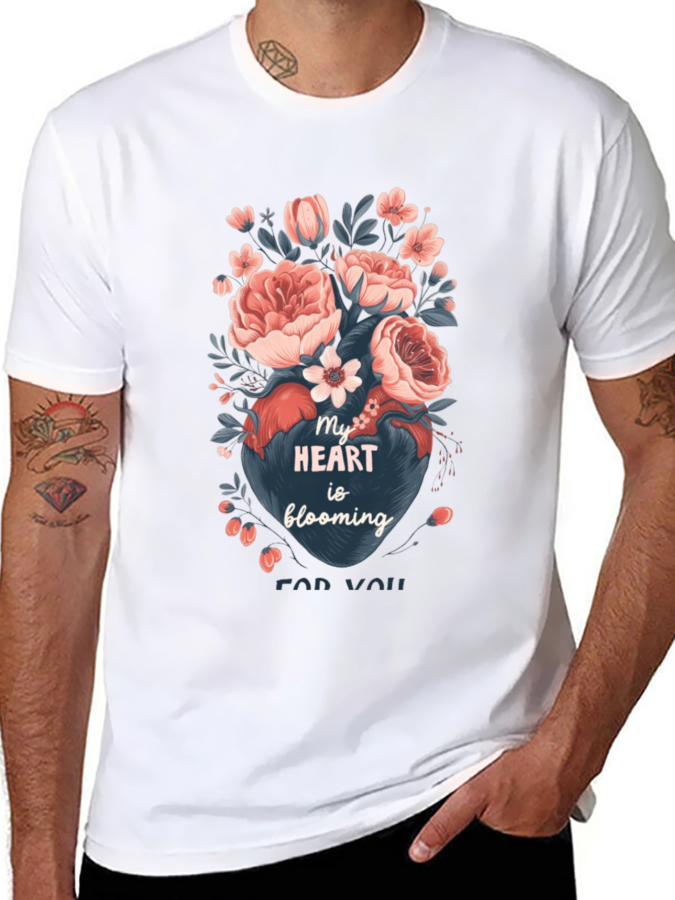 Floral Heart Blooming Graphic Tee - Black Cotton