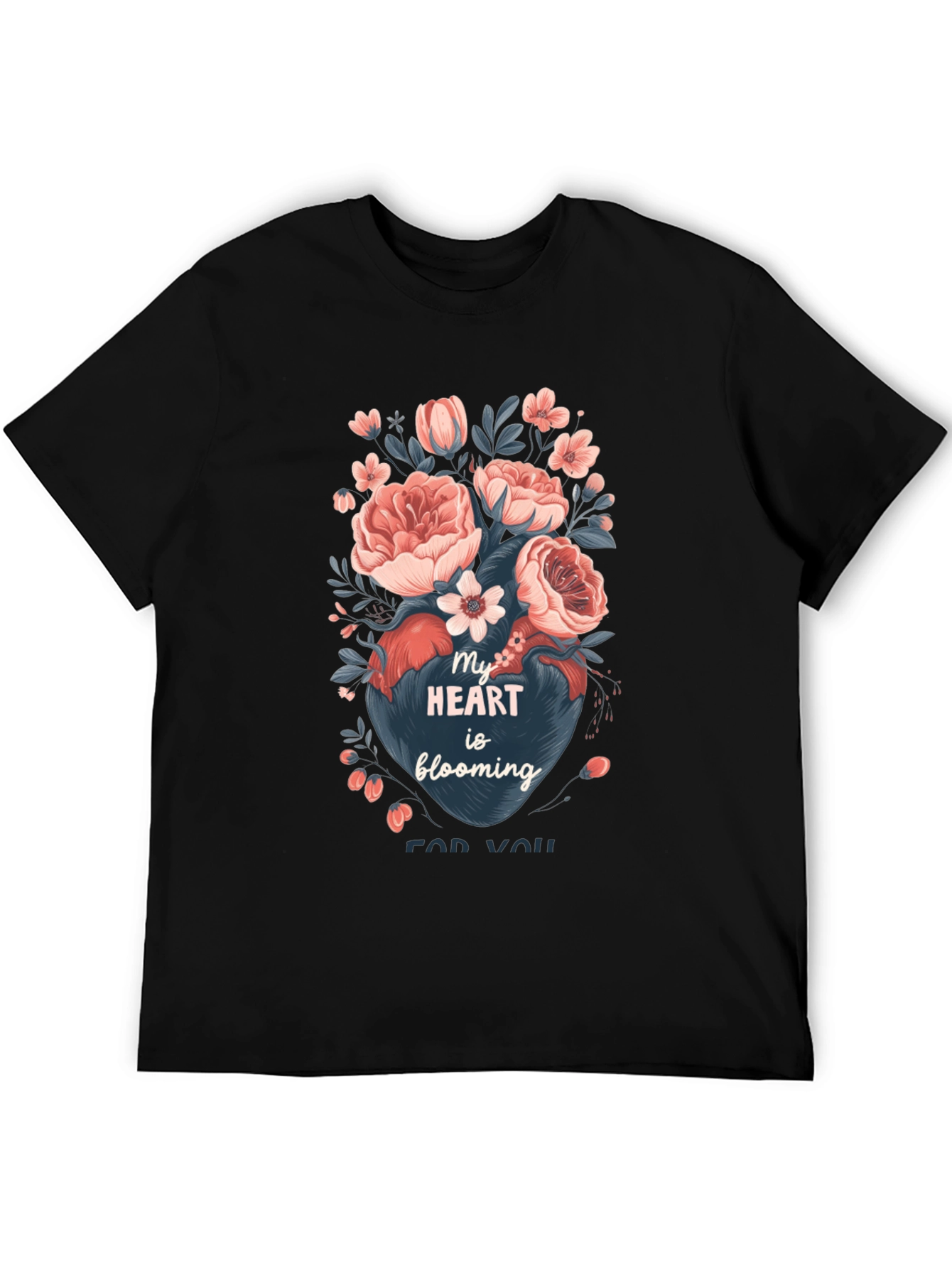 Floral Heart Blooming Graphic Tee - Black Cotton