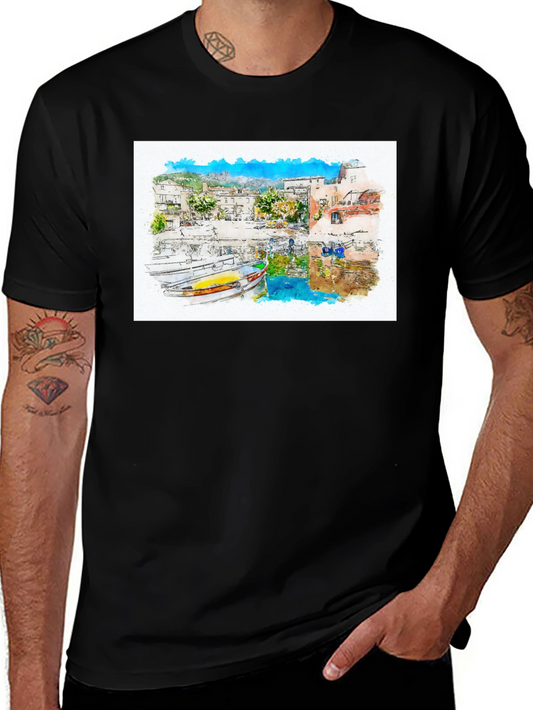 Watercolor Boat Harbor Scene Black T-Shirt