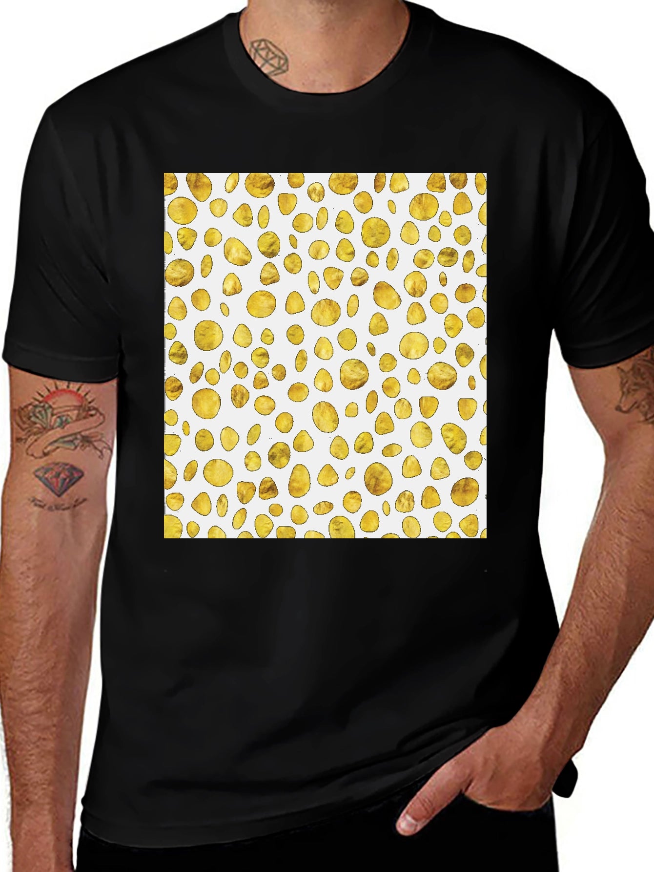 Golden Spots Pattern Black T-Shirt