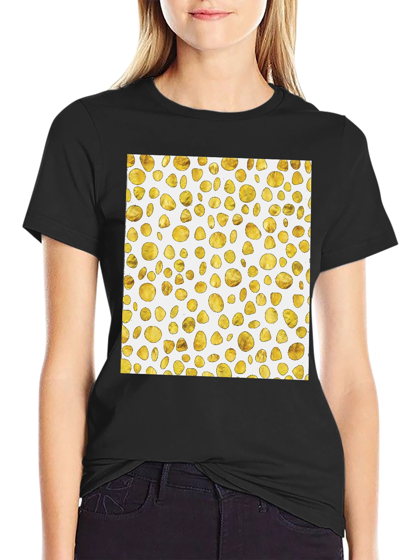 Golden Spots Pattern Black T-Shirt