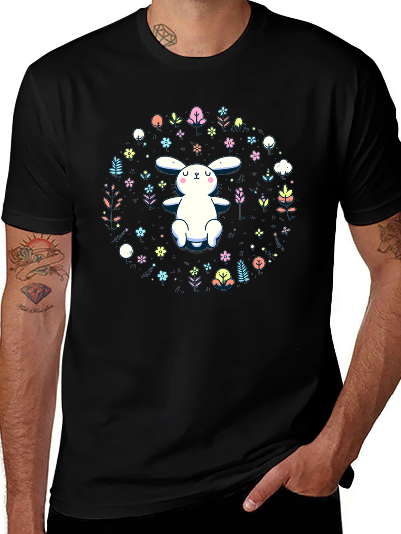 Cute Bunny & Floral Print Black T-Shirt
