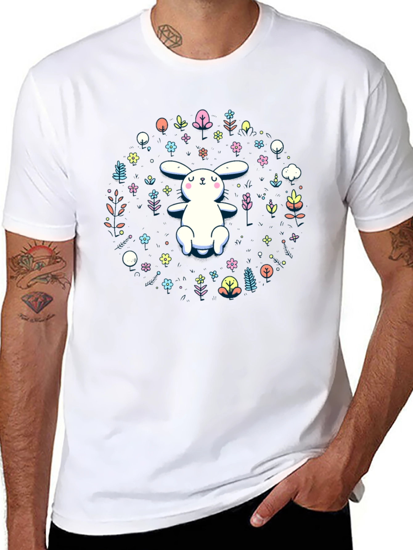Cute Bunny & Floral Print Black T-Shirt
