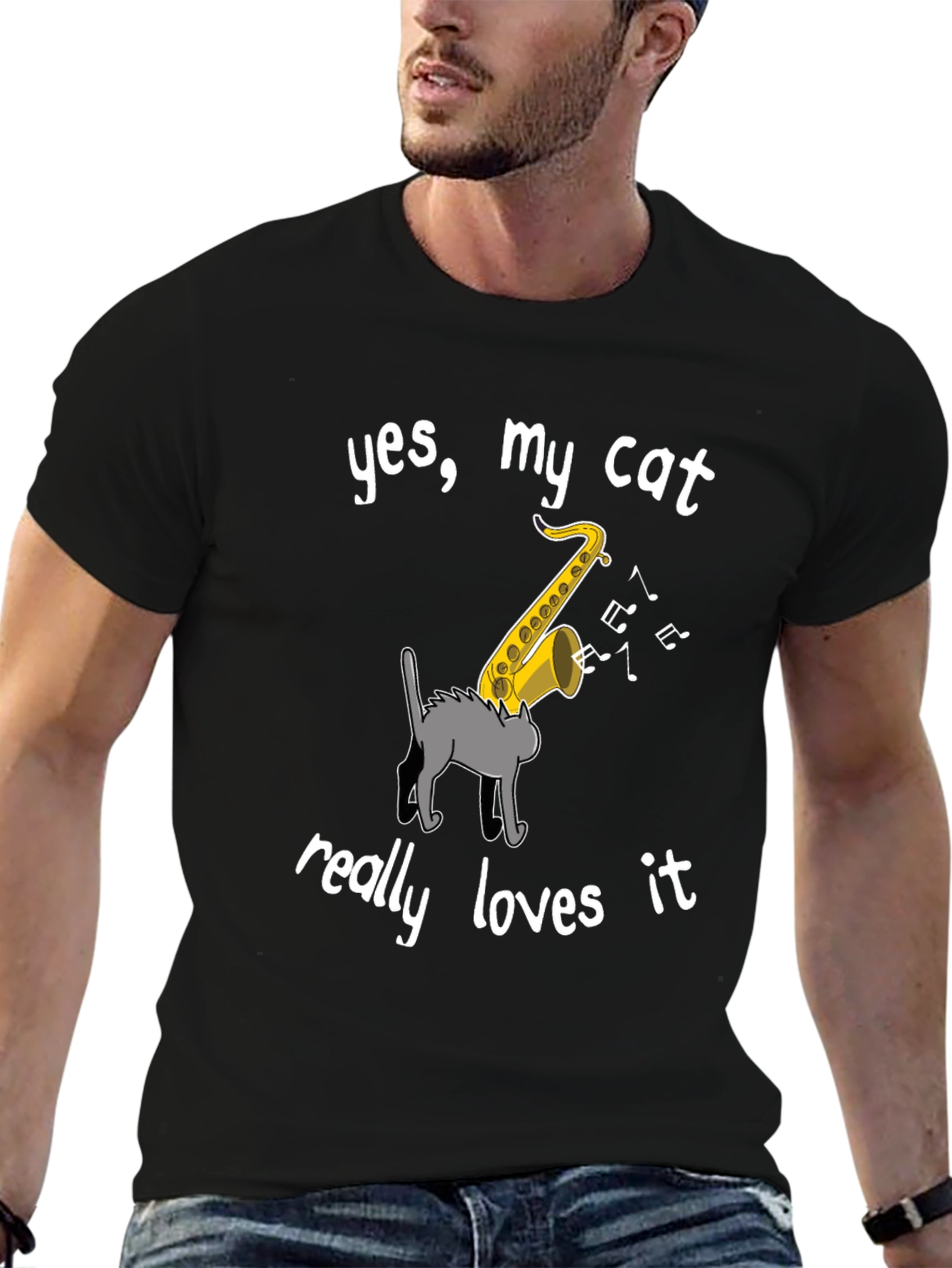 Cat Loves Saxophone T-Shirt - Funny Music Tee