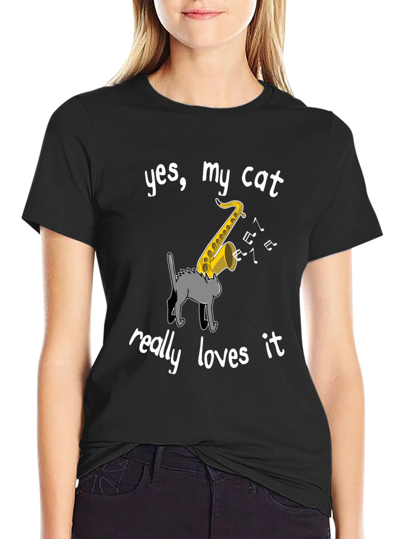 Cat Loves Saxophone T-Shirt - Funny Music Tee
