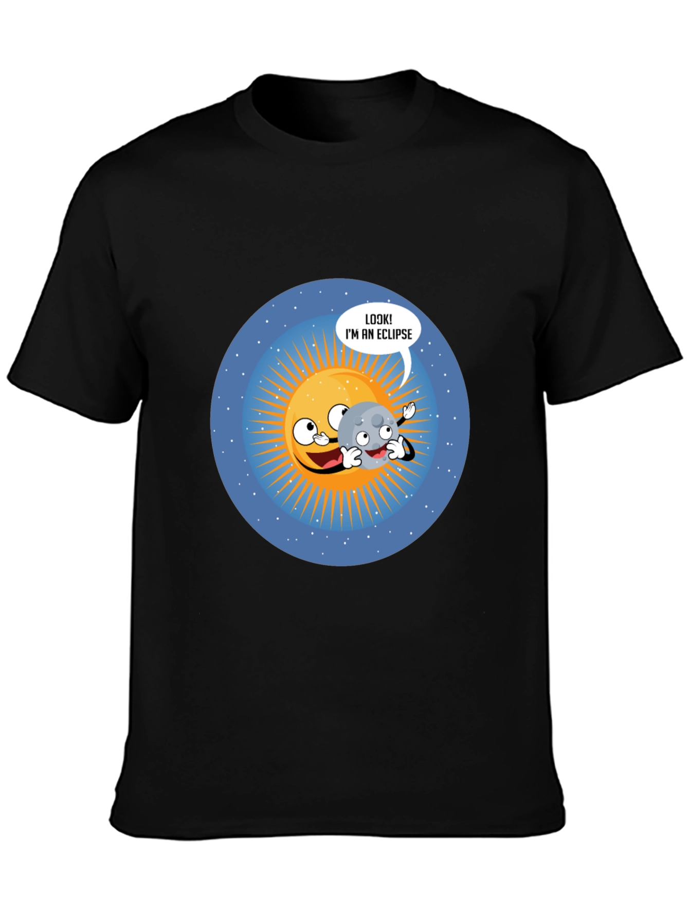 Funny Eclipse Cartoon Graphic Black T-Shirt