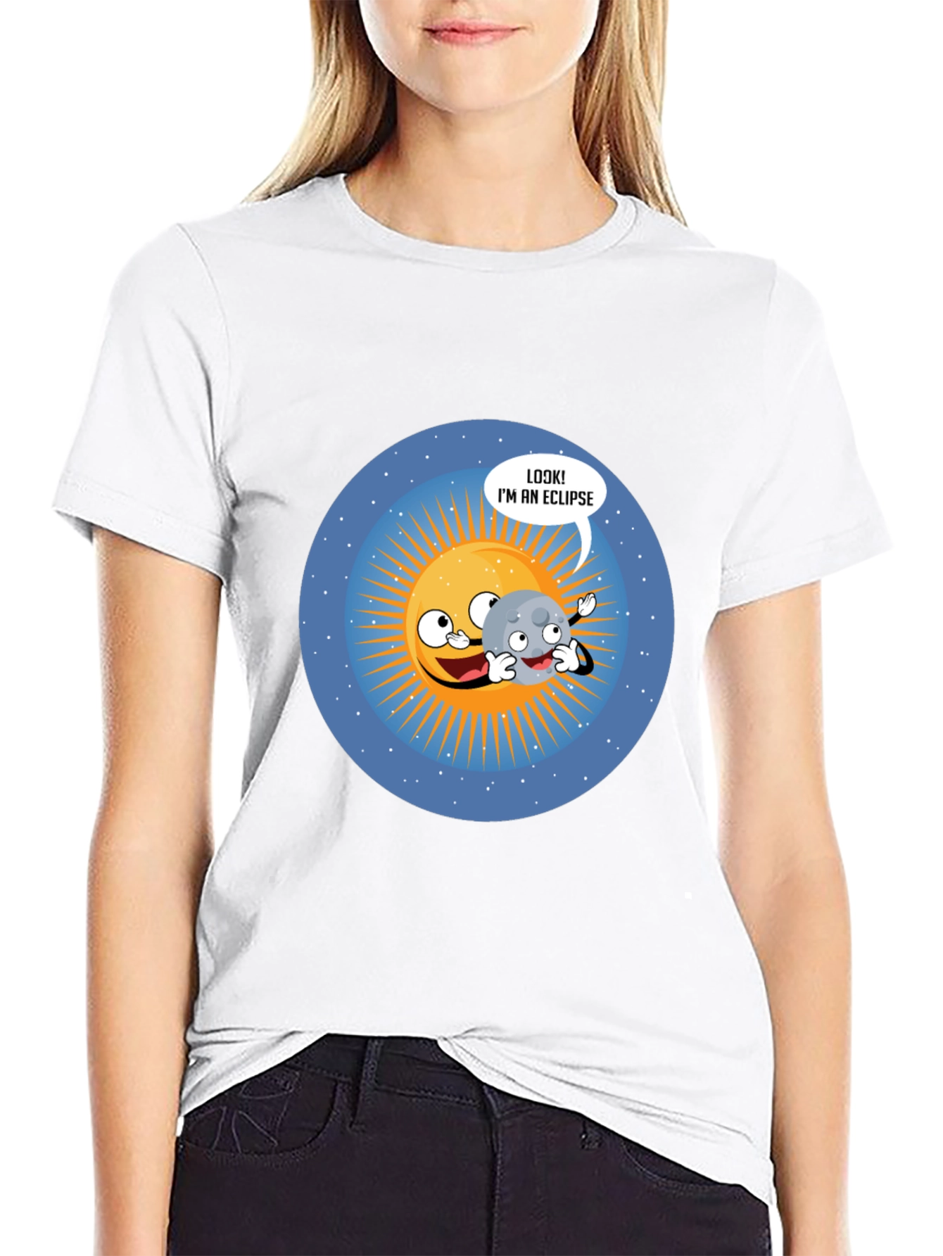 Funny Eclipse Cartoon Graphic Black T-Shirt