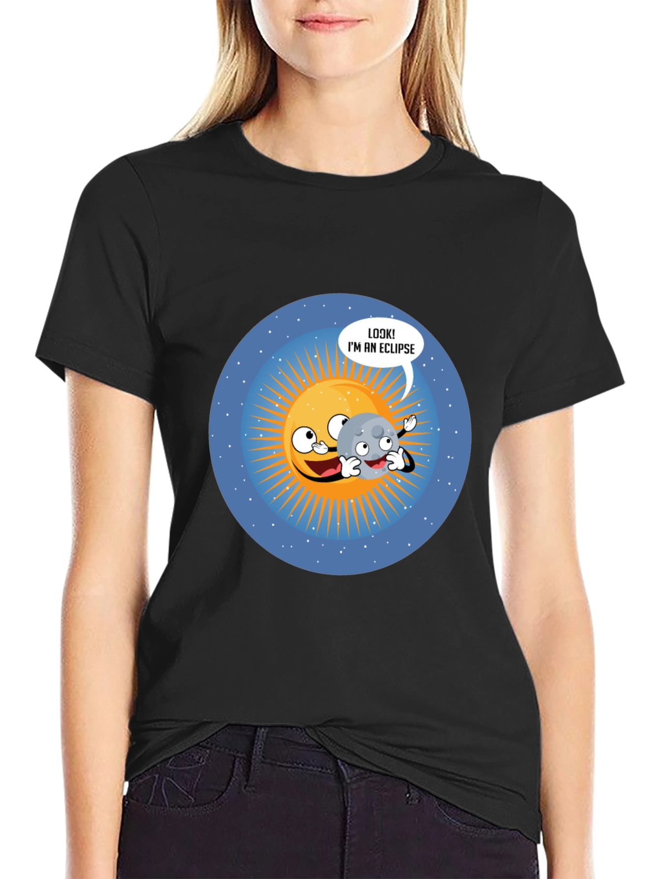 Funny Eclipse Cartoon Graphic Black T-Shirt