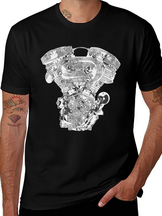 Vintage Engine Print Black T-Shirt