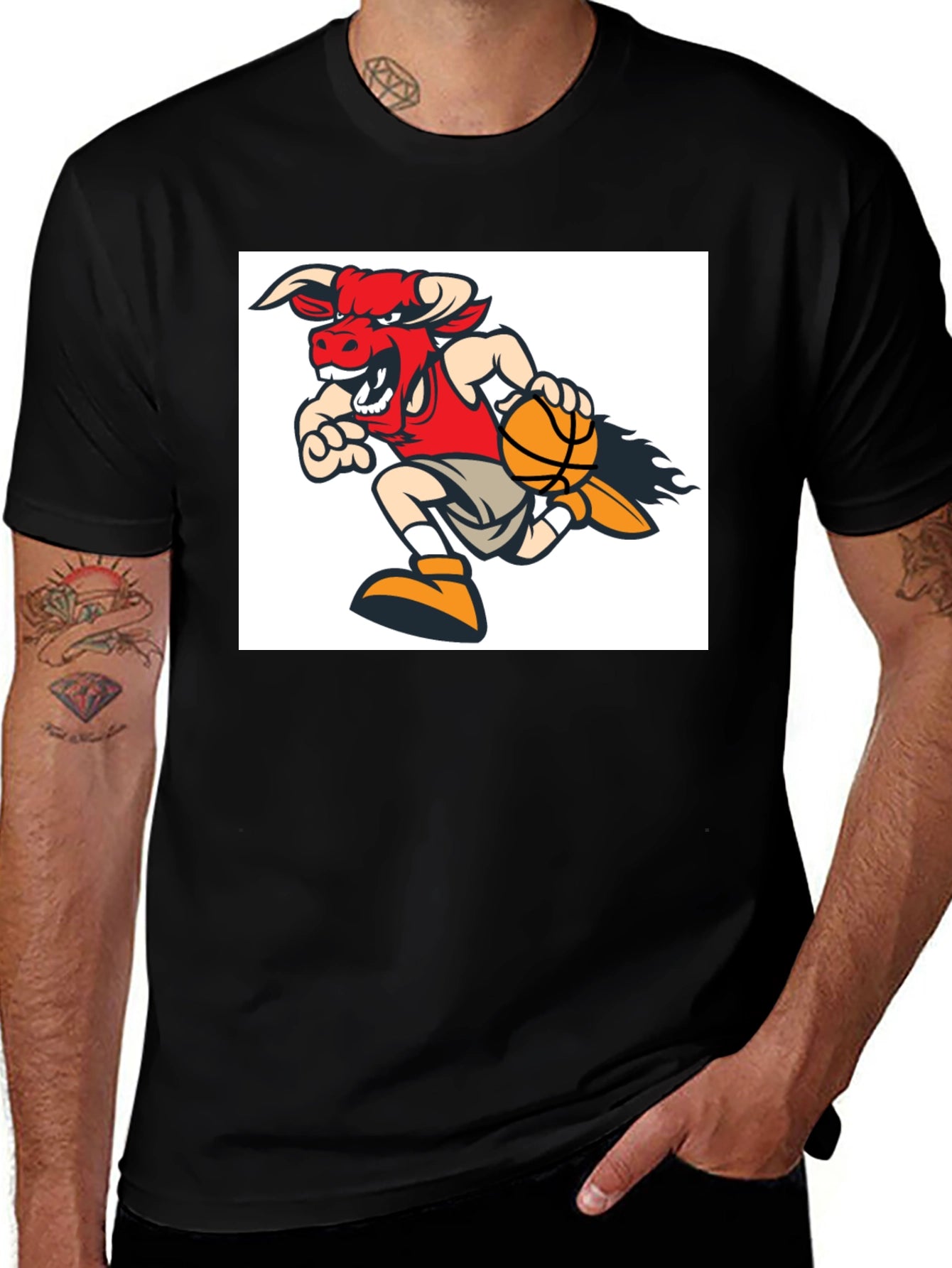 Cartoon Bull Basketball T-Shirt - Black