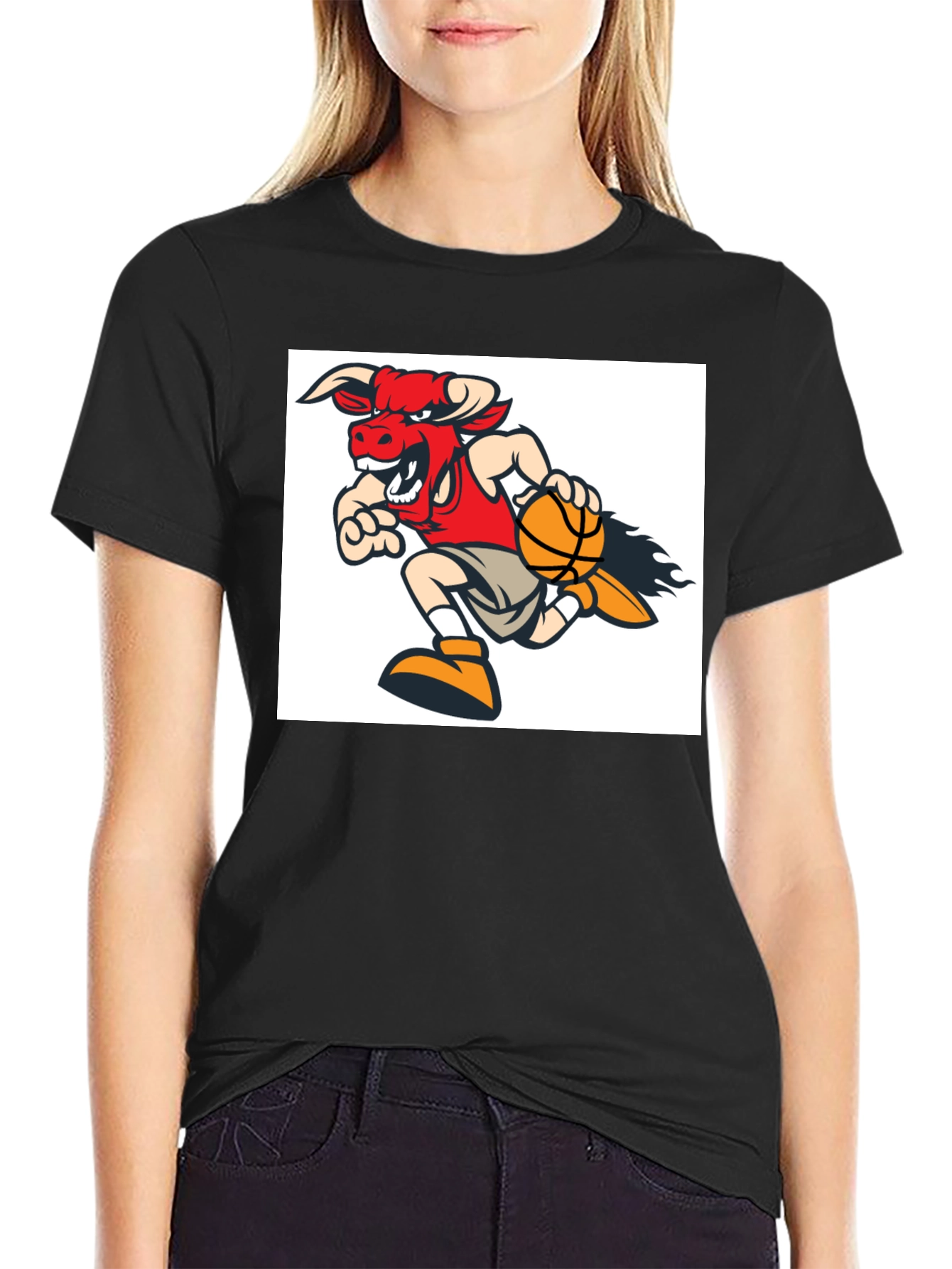 Cartoon Bull Basketball T-Shirt - Black