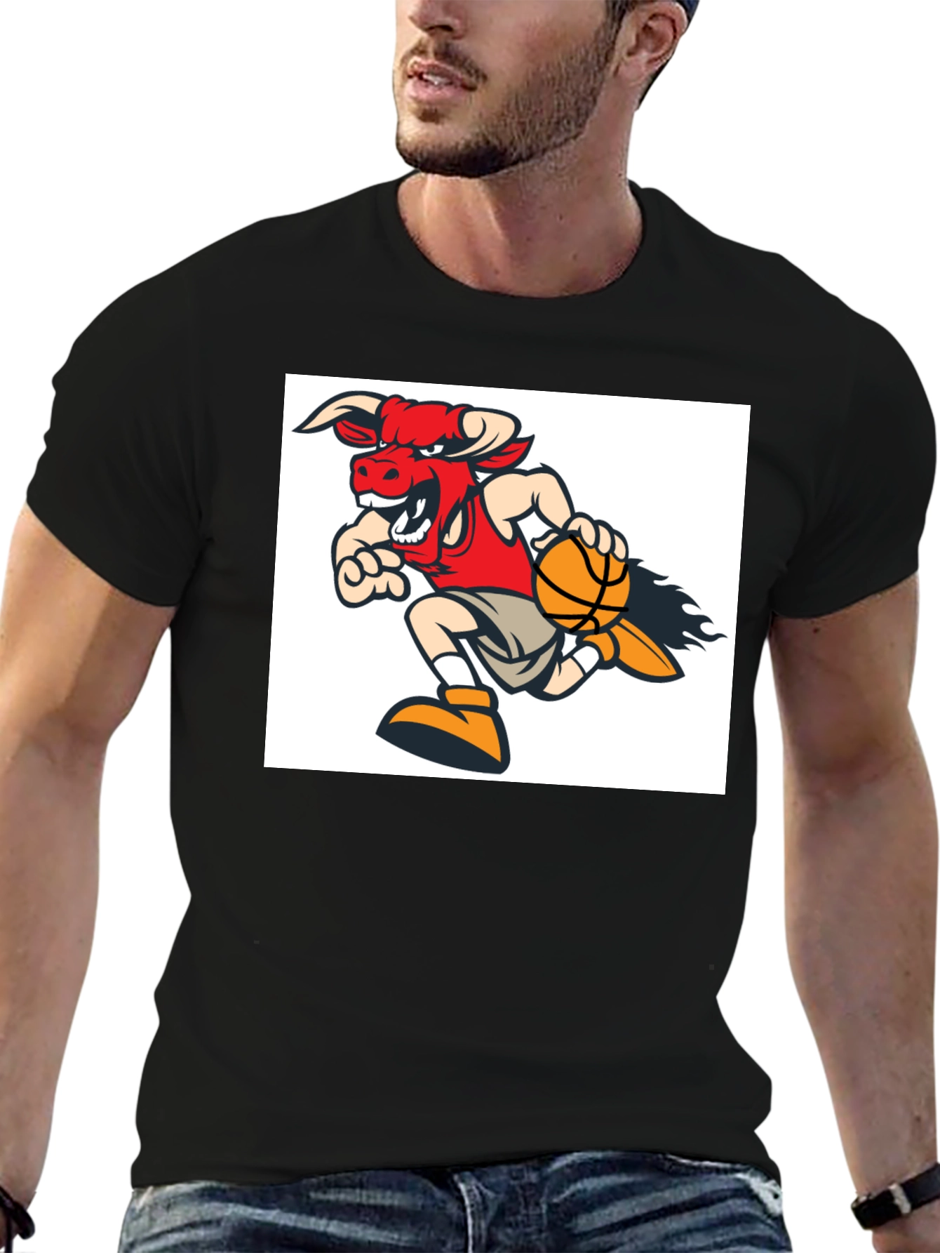 Cartoon Bull Basketball T-Shirt - Black