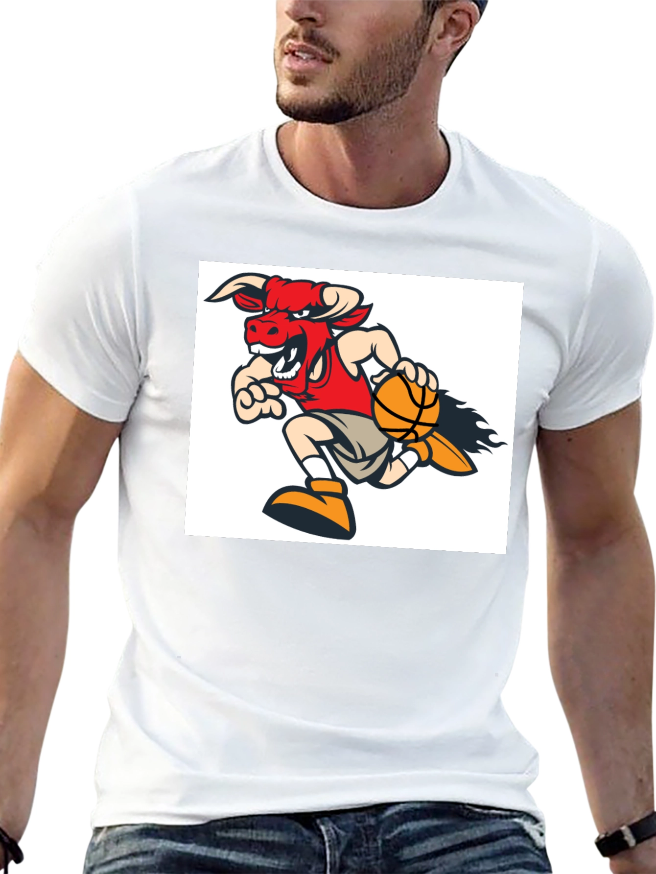Cartoon Bull Basketball T-Shirt - Black